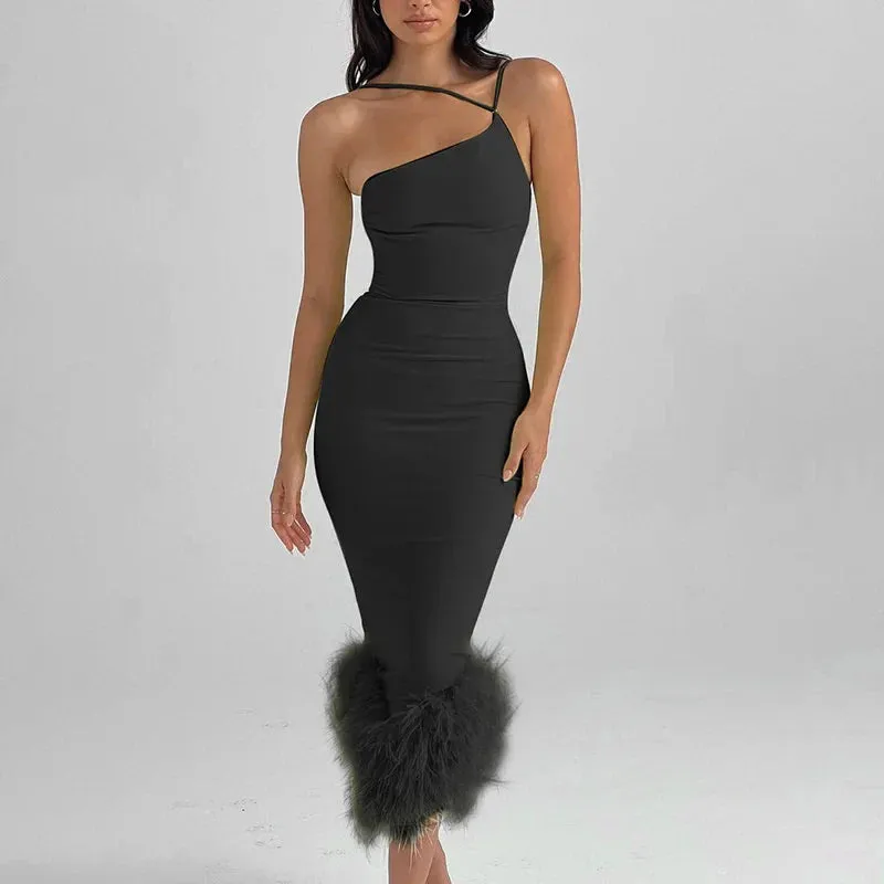 Shoulder Sexy Women One Maxi Bodycon Winter Feather Autumn Dress Dress