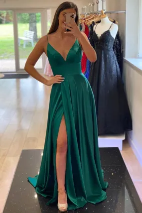 Simple Leg Slit Prom Dress,A Line Satin Long Graduation Dresses