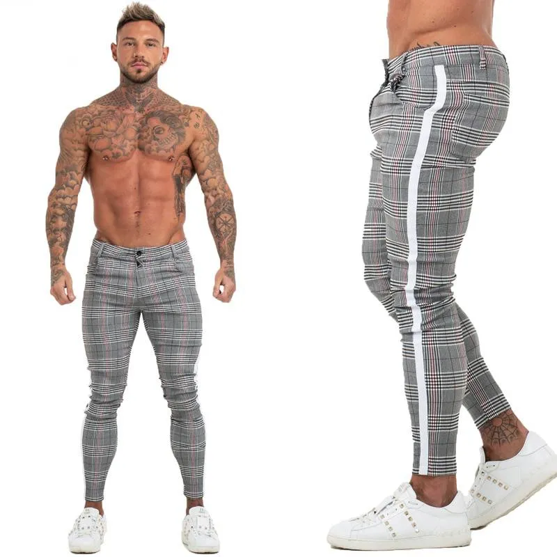 Skinny Plaid Comfy Stretch Slim Fit Style Men Pants