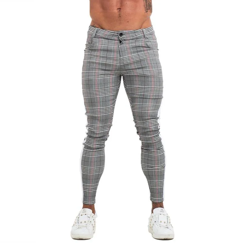 Skinny Plaid Comfy Stretch Slim Fit Style Men Pants