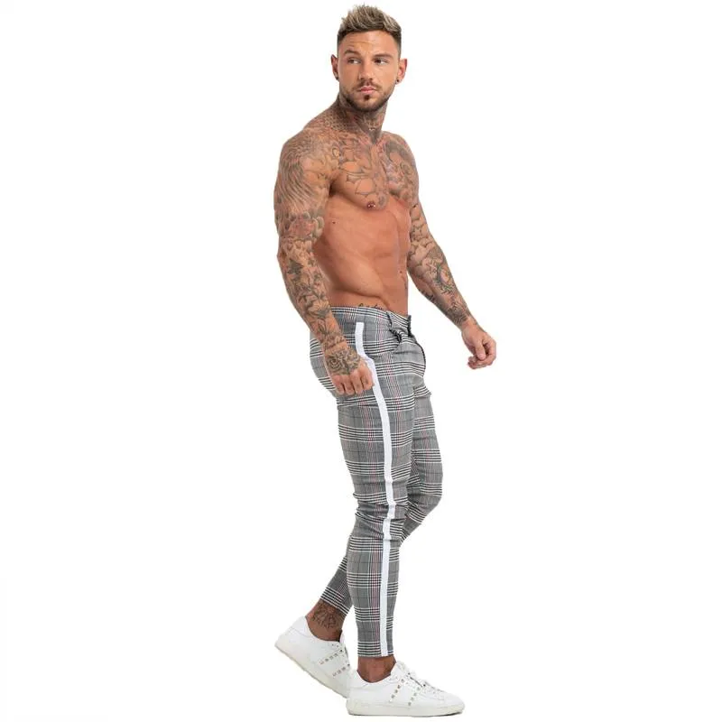 Skinny Plaid Comfy Stretch Slim Fit Style Men Pants