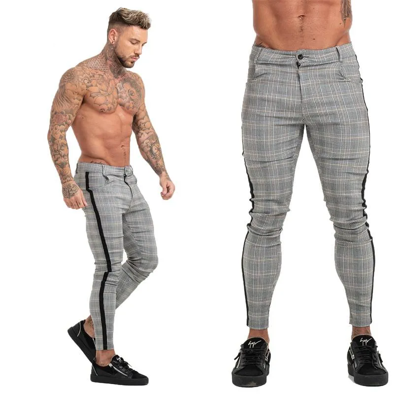 Skinny Plaid Comfy Stretch Slim Fit Style Men Pants