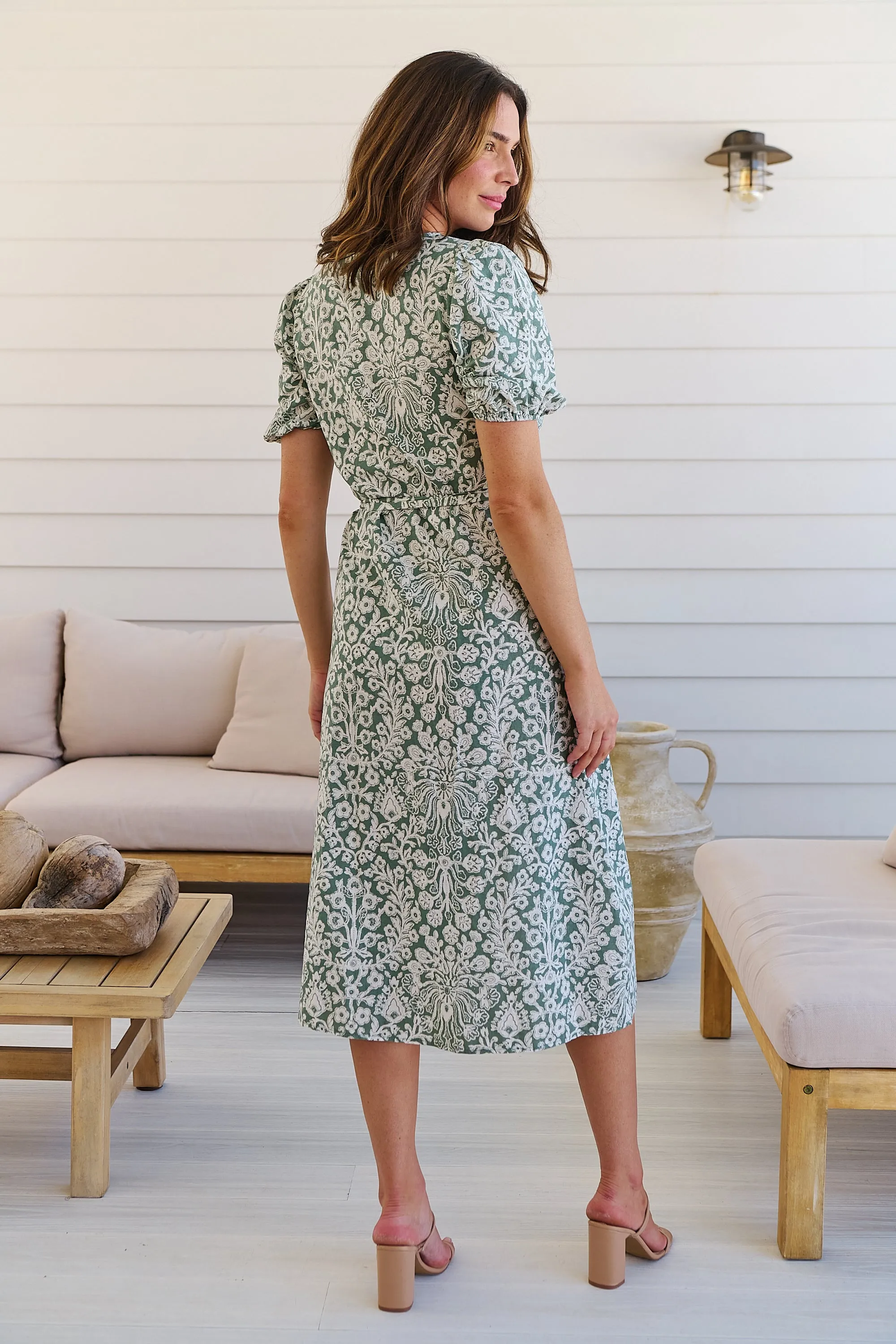 Sloanne Mint Green/White Floral Tie Waist Dress