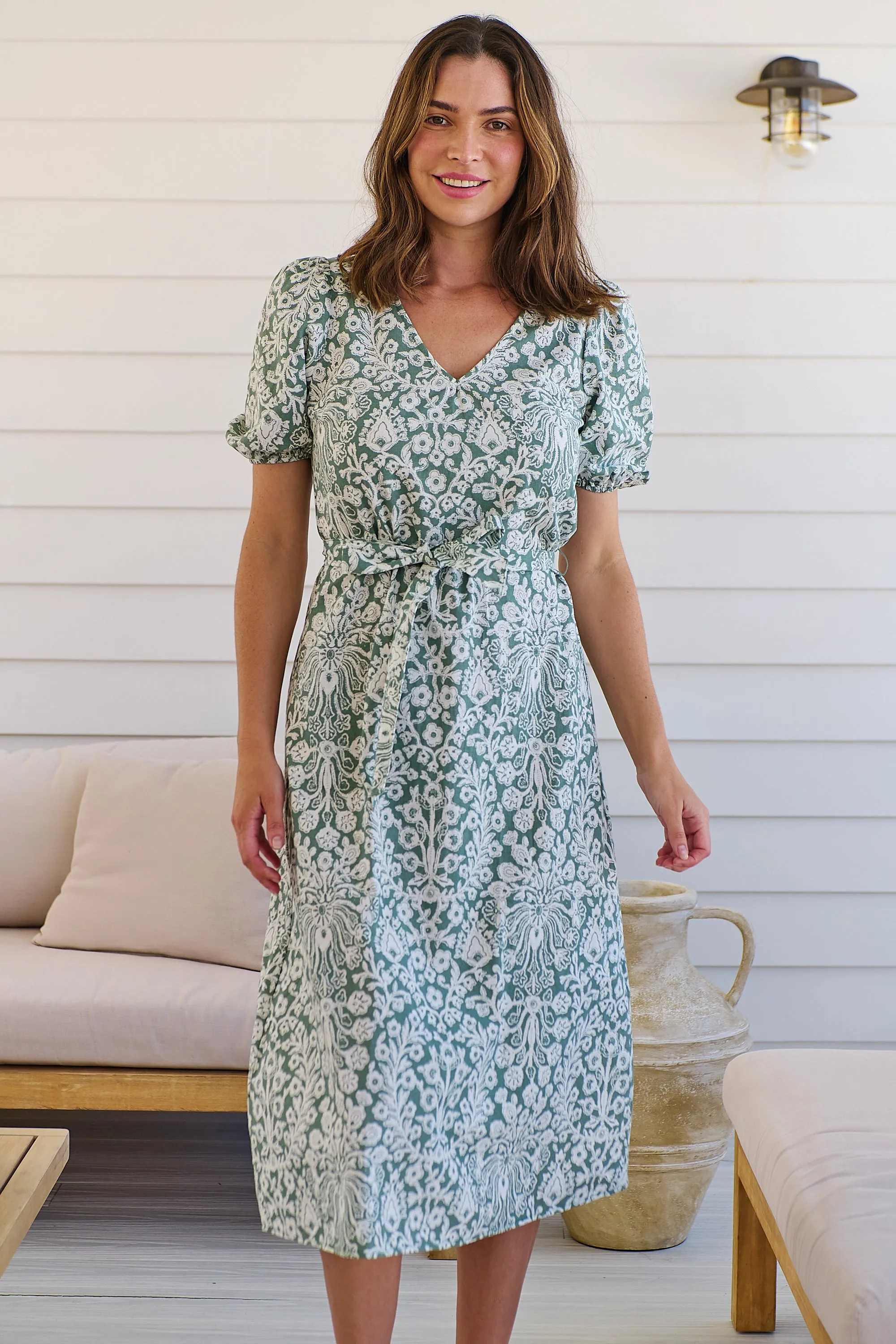 Sloanne Mint Green/White Floral Tie Waist Dress