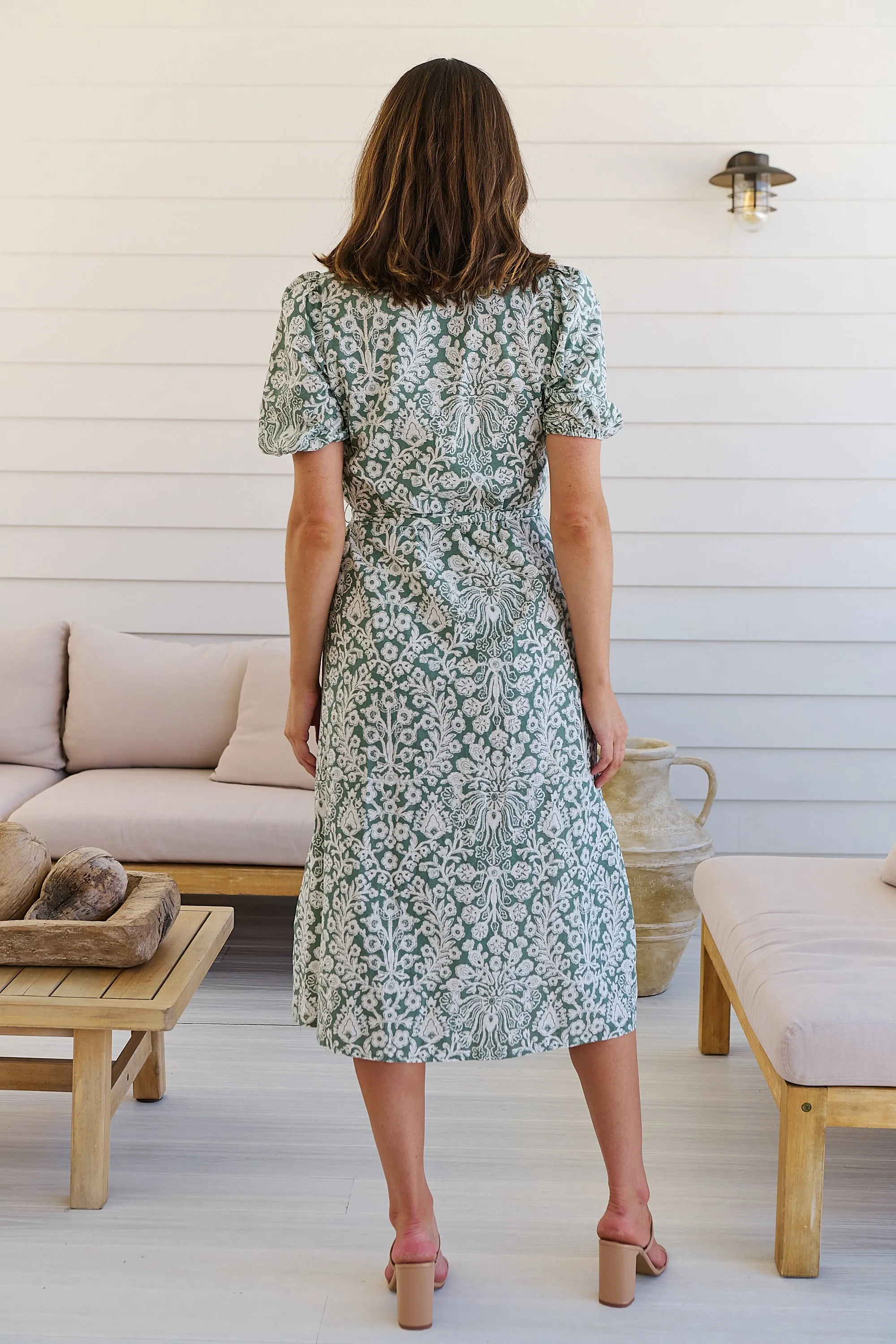 Sloanne Mint Green/White Floral Tie Waist Dress