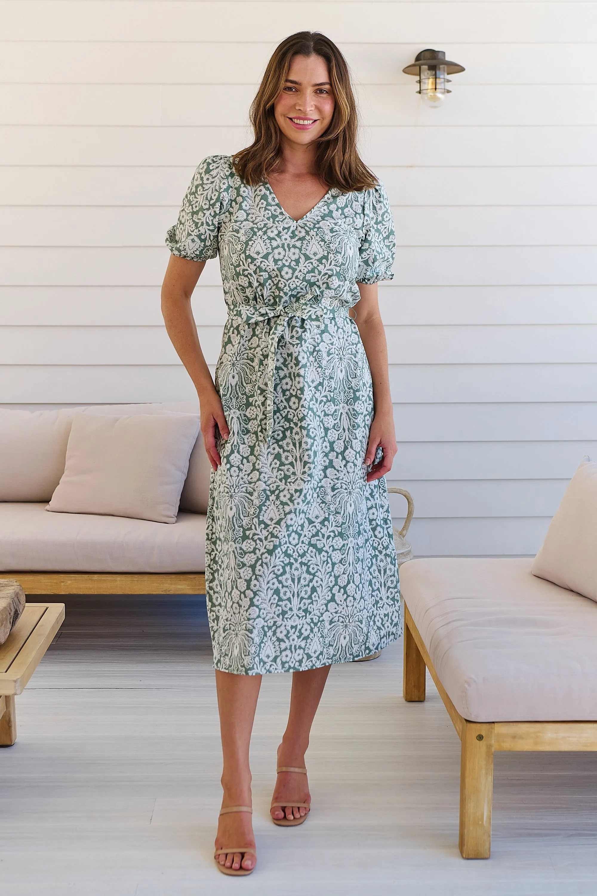 Sloanne Mint Green/White Floral Tie Waist Dress