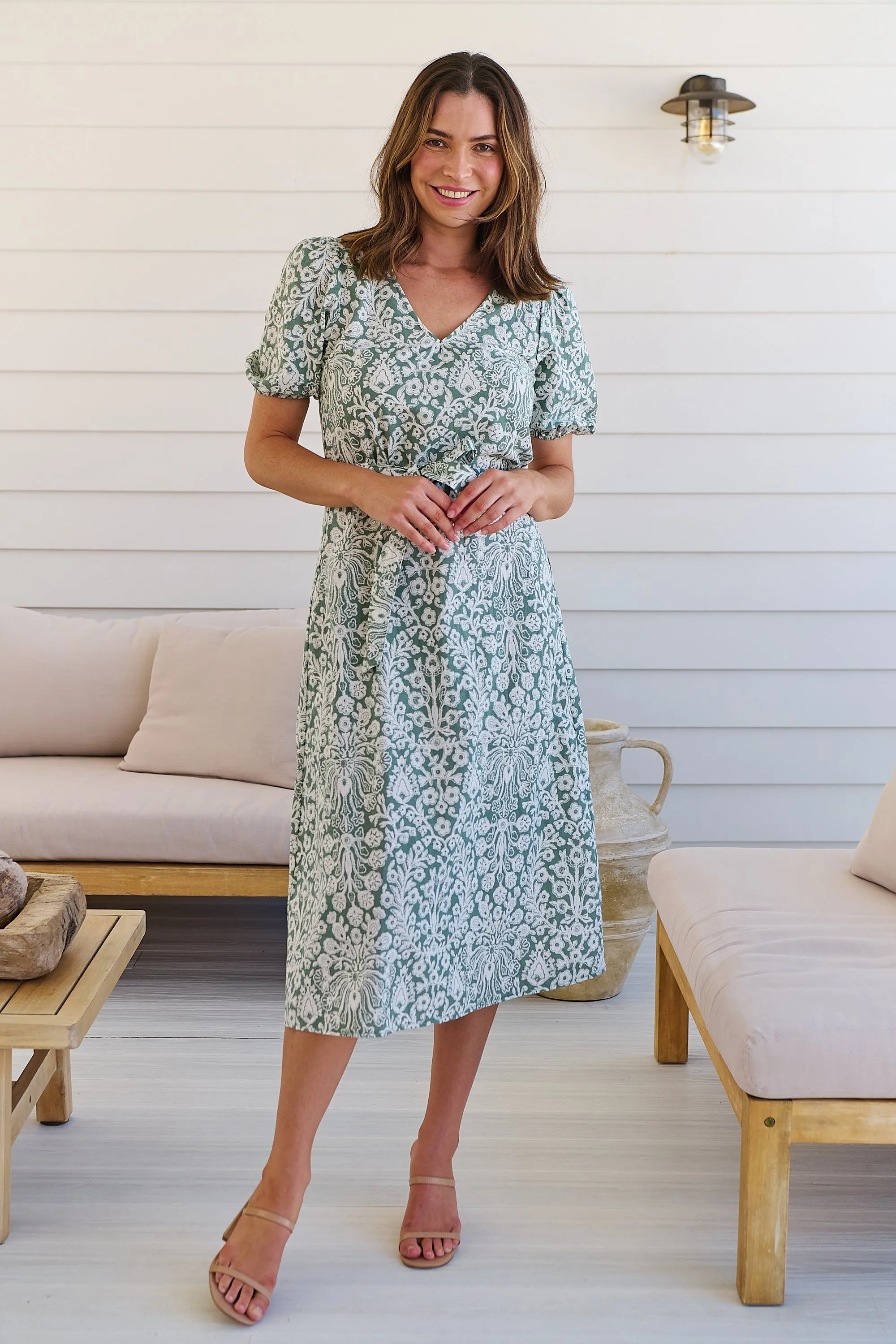 Sloanne Mint Green/White Floral Tie Waist Dress