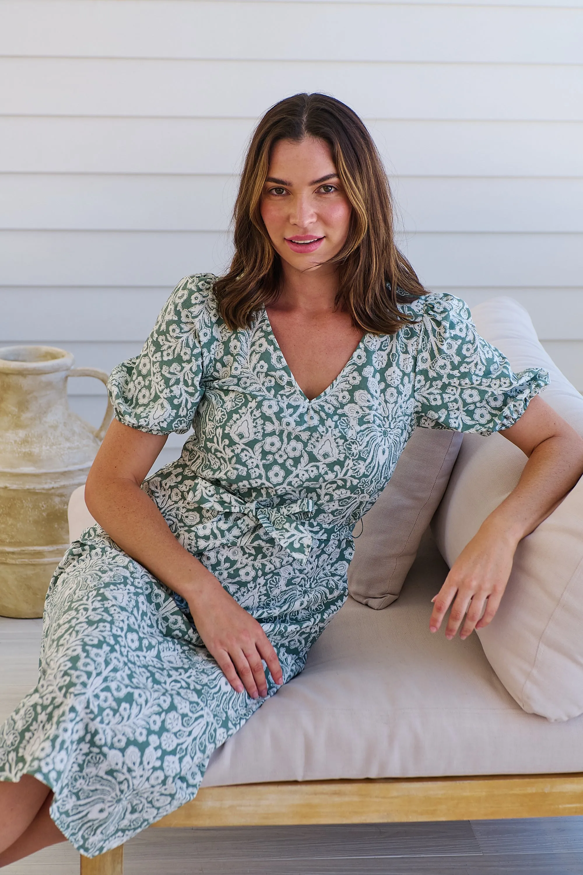 Sloanne Mint Green/White Floral Tie Waist Dress