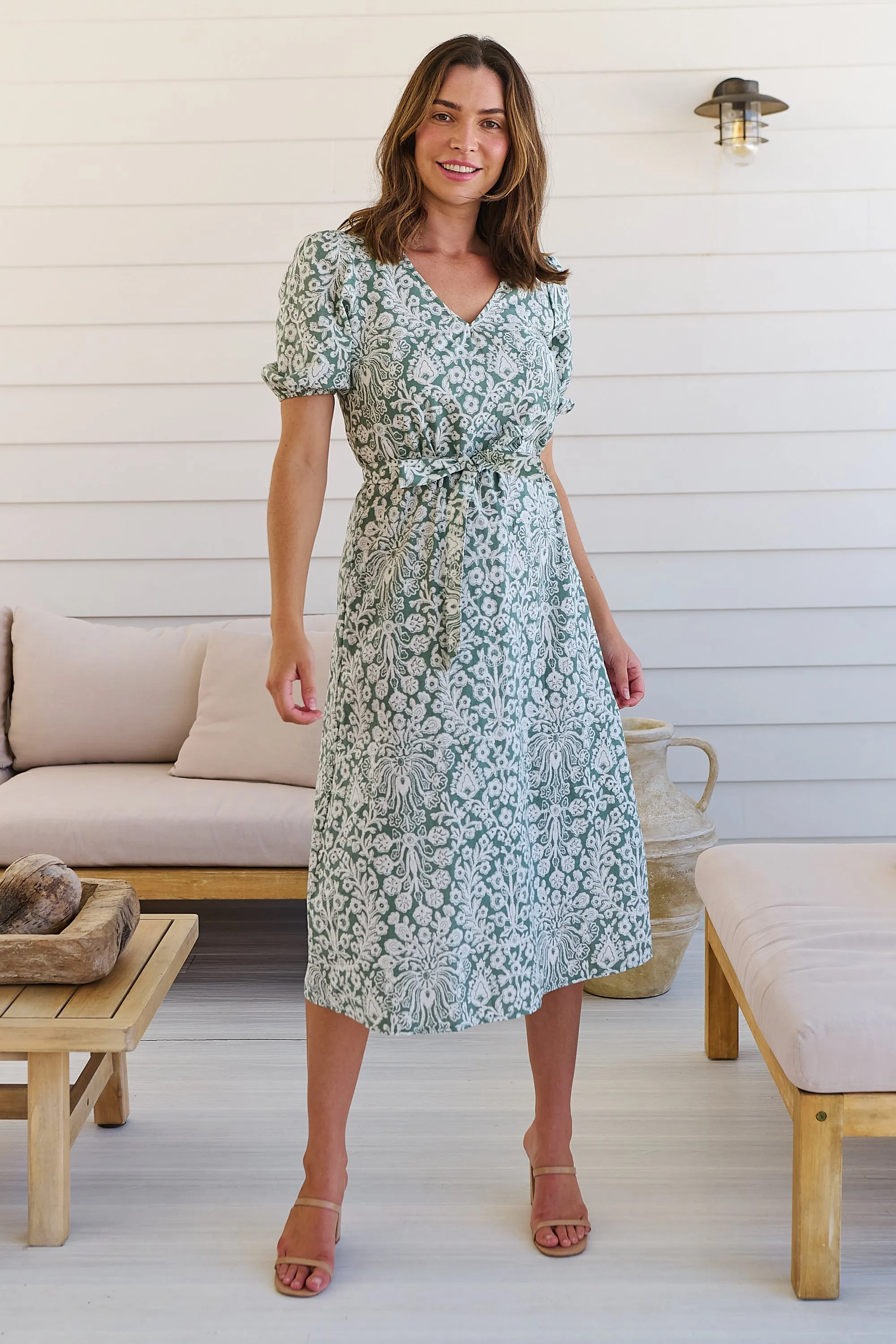 Sloanne Mint Green/White Floral Tie Waist Dress