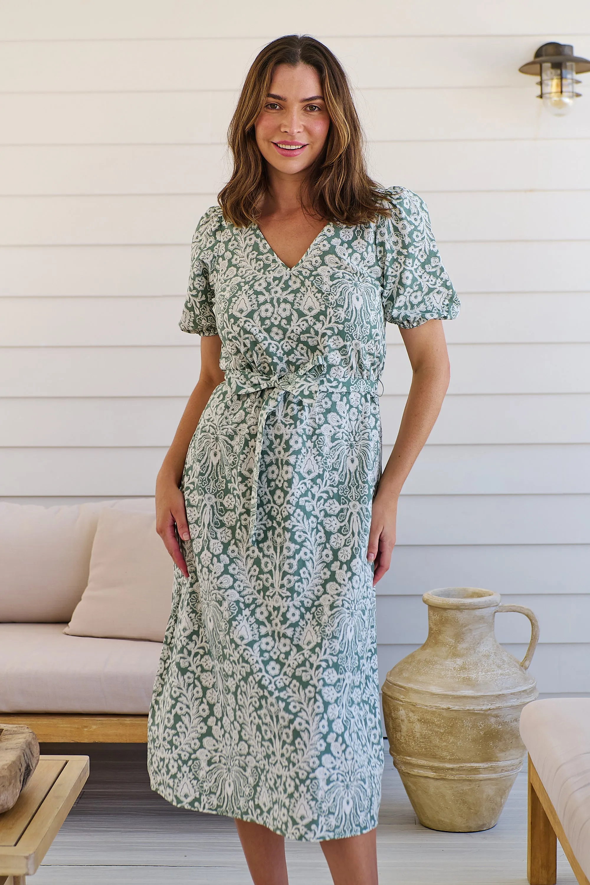 Sloanne Mint Green/White Floral Tie Waist Dress