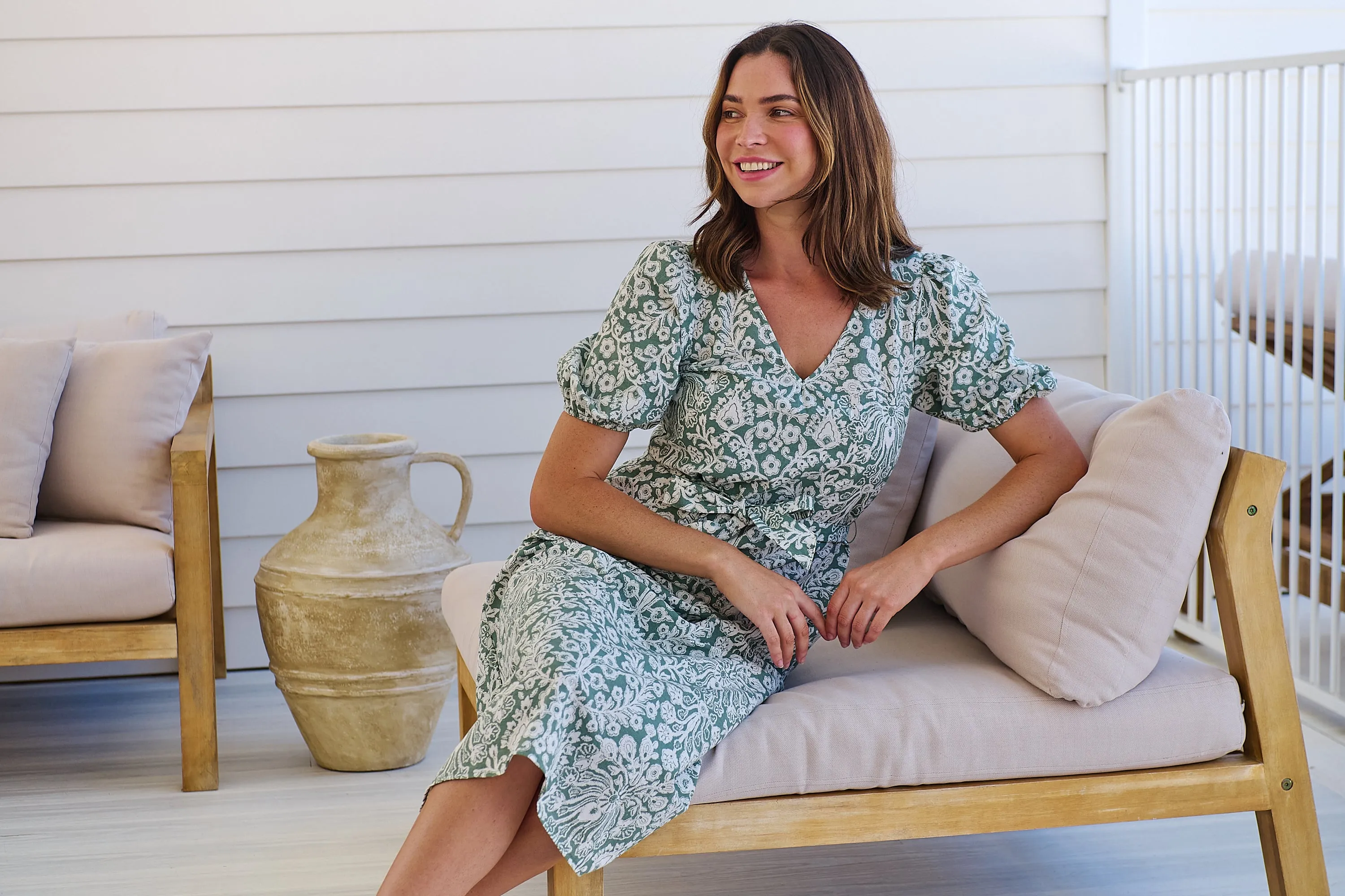 Sloanne Mint Green/White Floral Tie Waist Dress