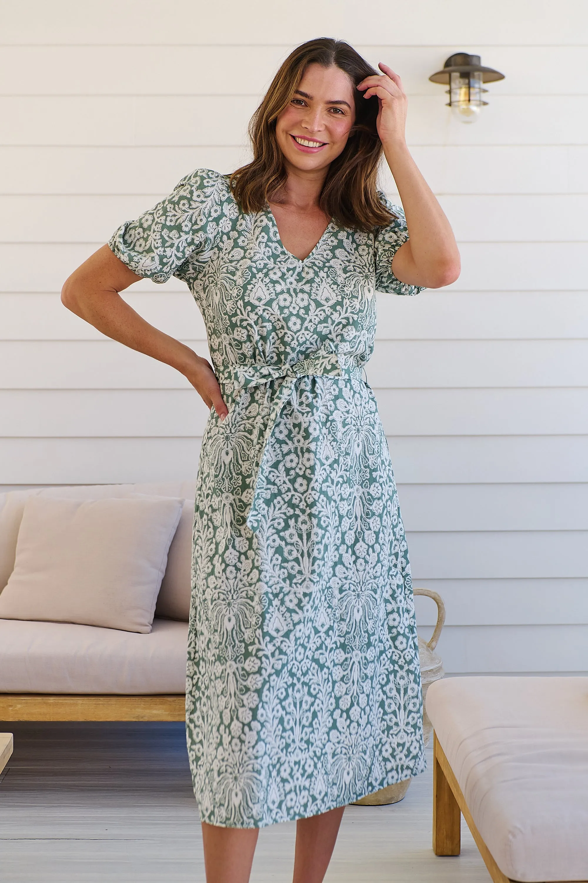 Sloanne Mint Green/White Floral Tie Waist Dress