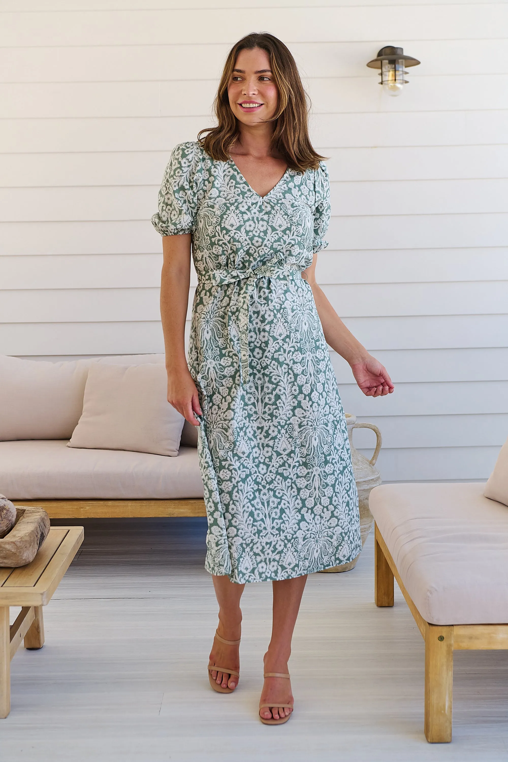 Sloanne Mint Green/White Floral Tie Waist Dress