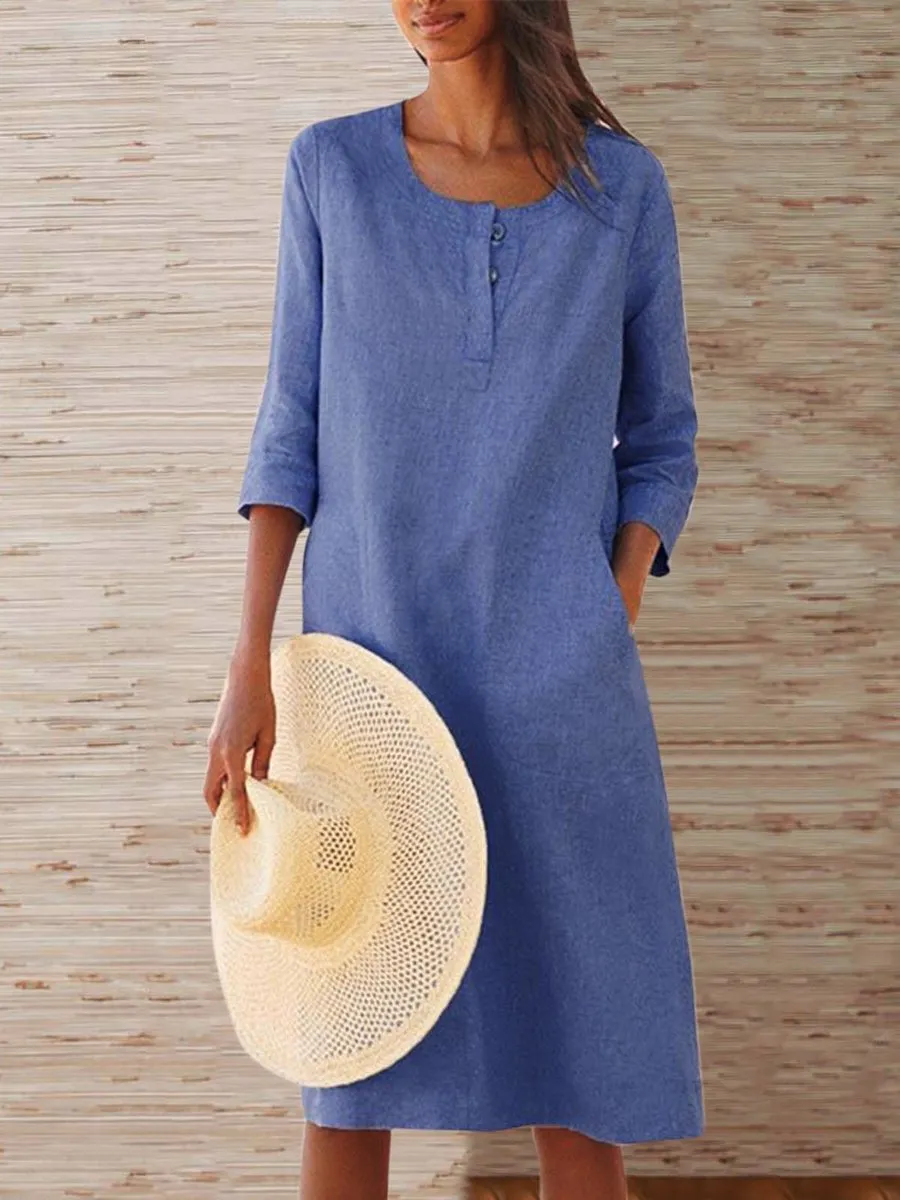 Solid Pockets Midi Dress 3/4 Sleeve Dresses