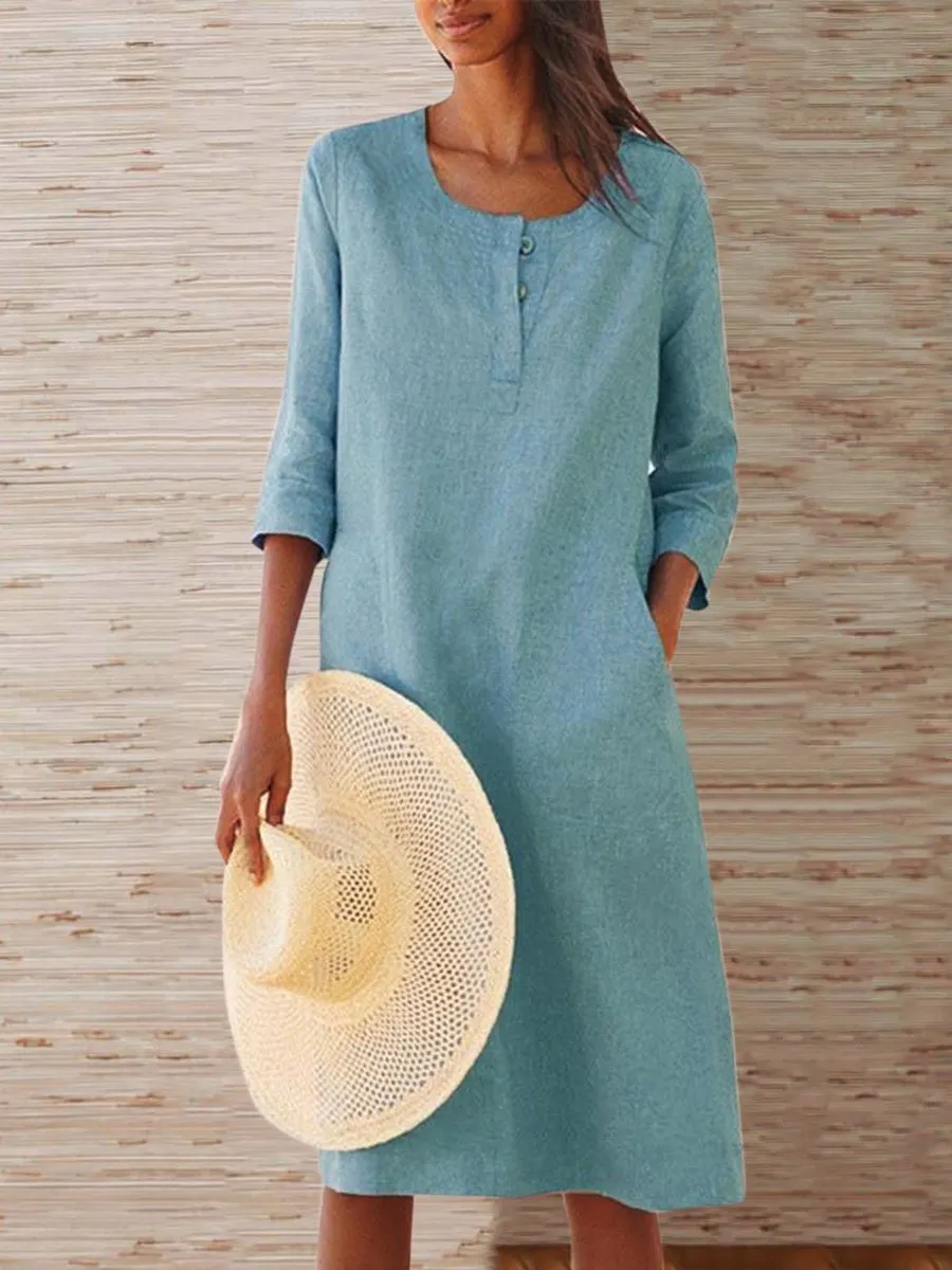 Solid Pockets Midi Dress 3/4 Sleeve Dresses