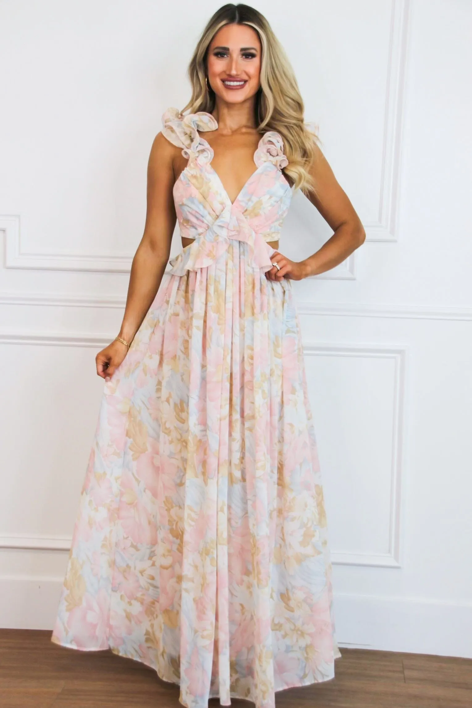 Sophie Floral Cutout Ruffle Maxi Dress: Pink Pastel Multi