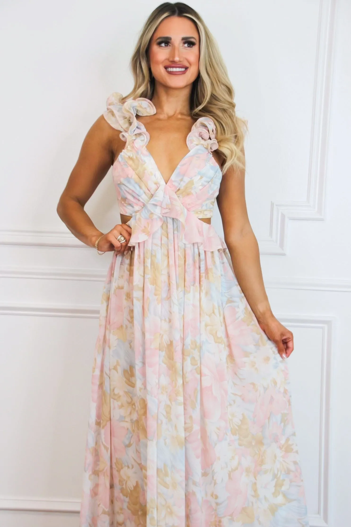 Sophie Floral Cutout Ruffle Maxi Dress: Pink Pastel Multi