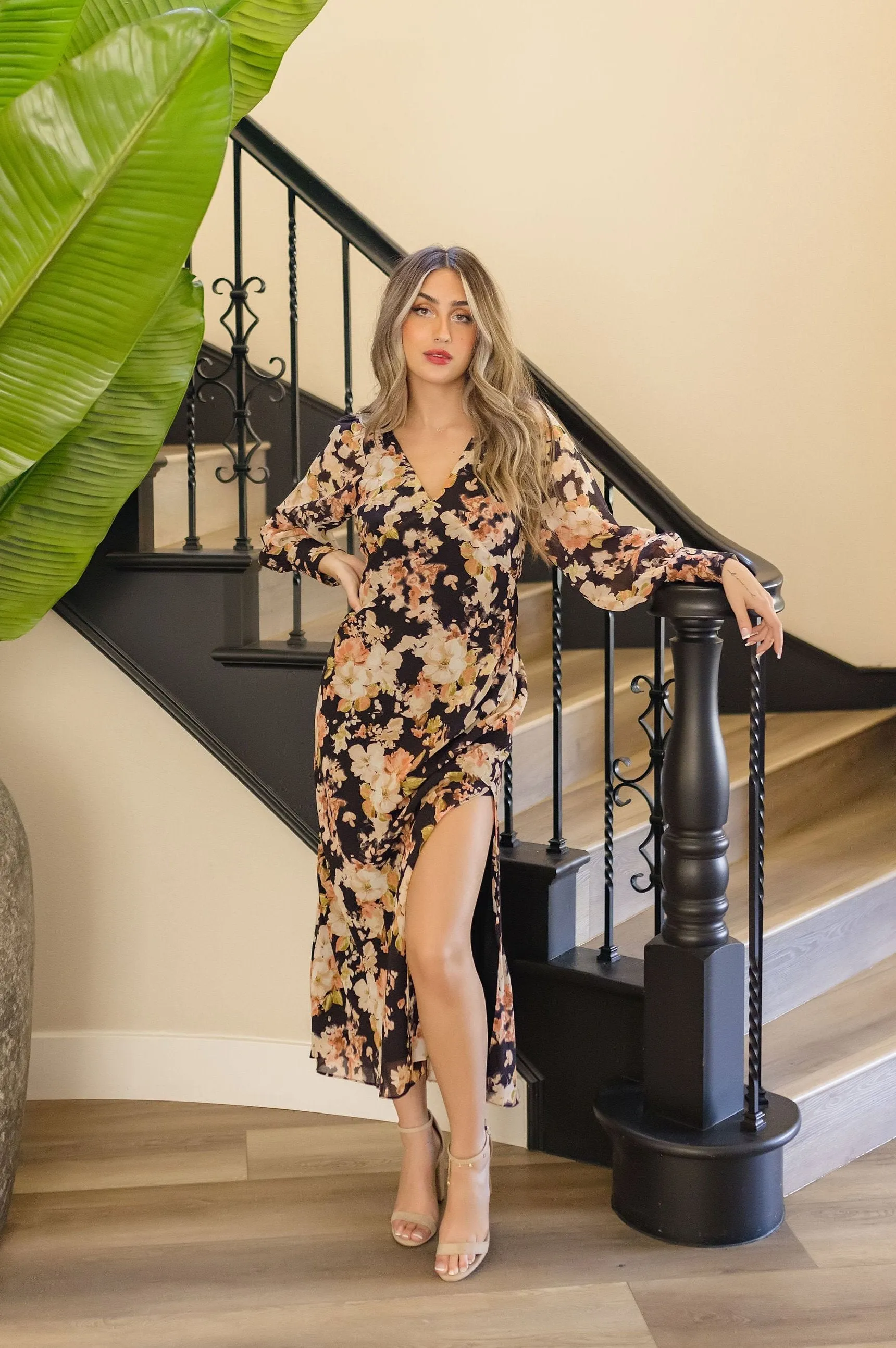 Thalia Long Sleeve Floral Print Maxi Dress Black