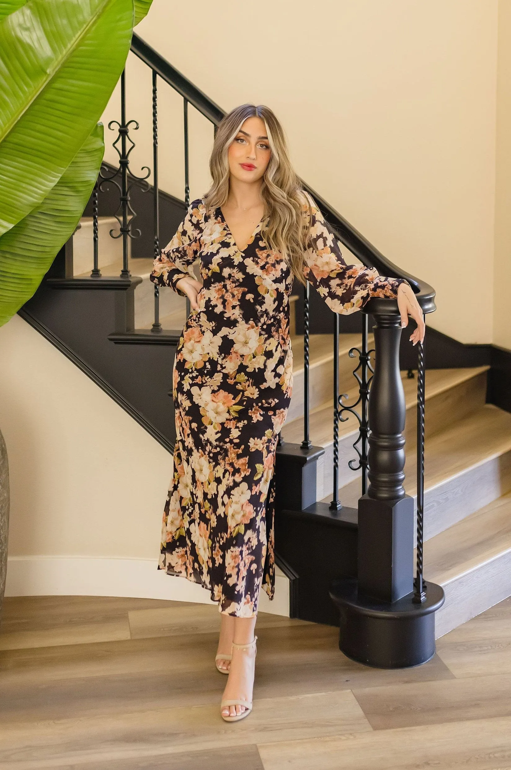 Thalia Long Sleeve Floral Print Maxi Dress Black