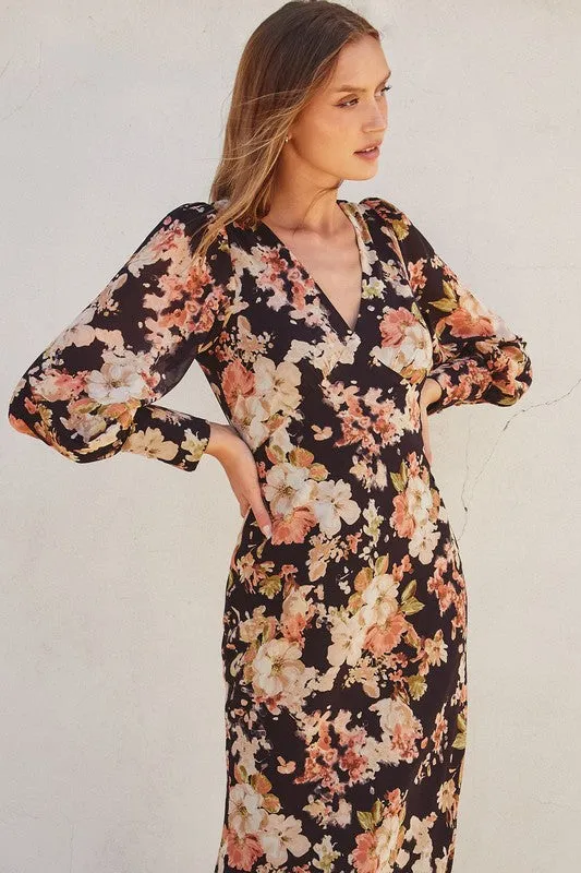 Thalia Long Sleeve Floral Print Maxi Dress Black