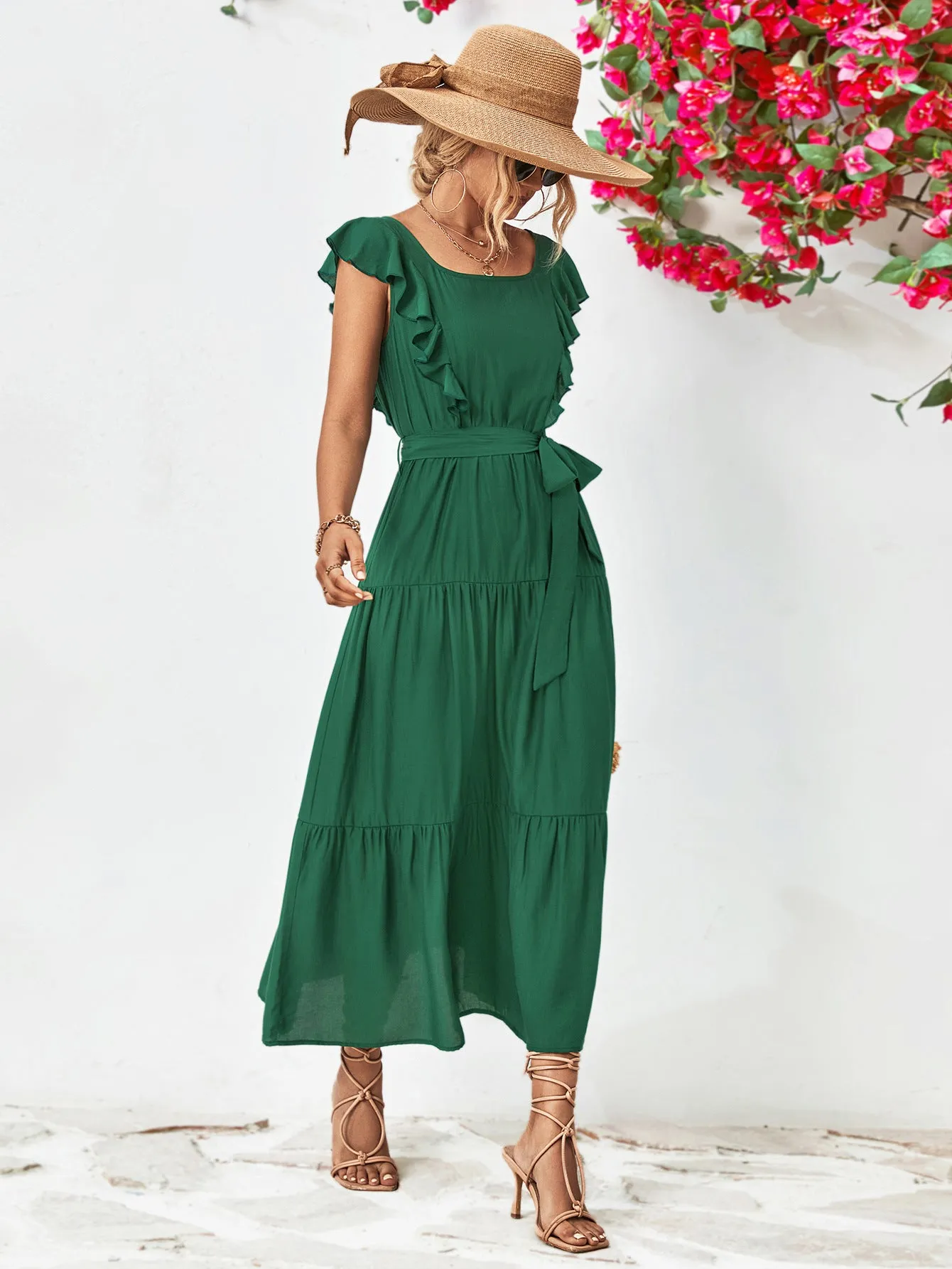 Tie Belt Ruffled Tiered Dress - 2 colors