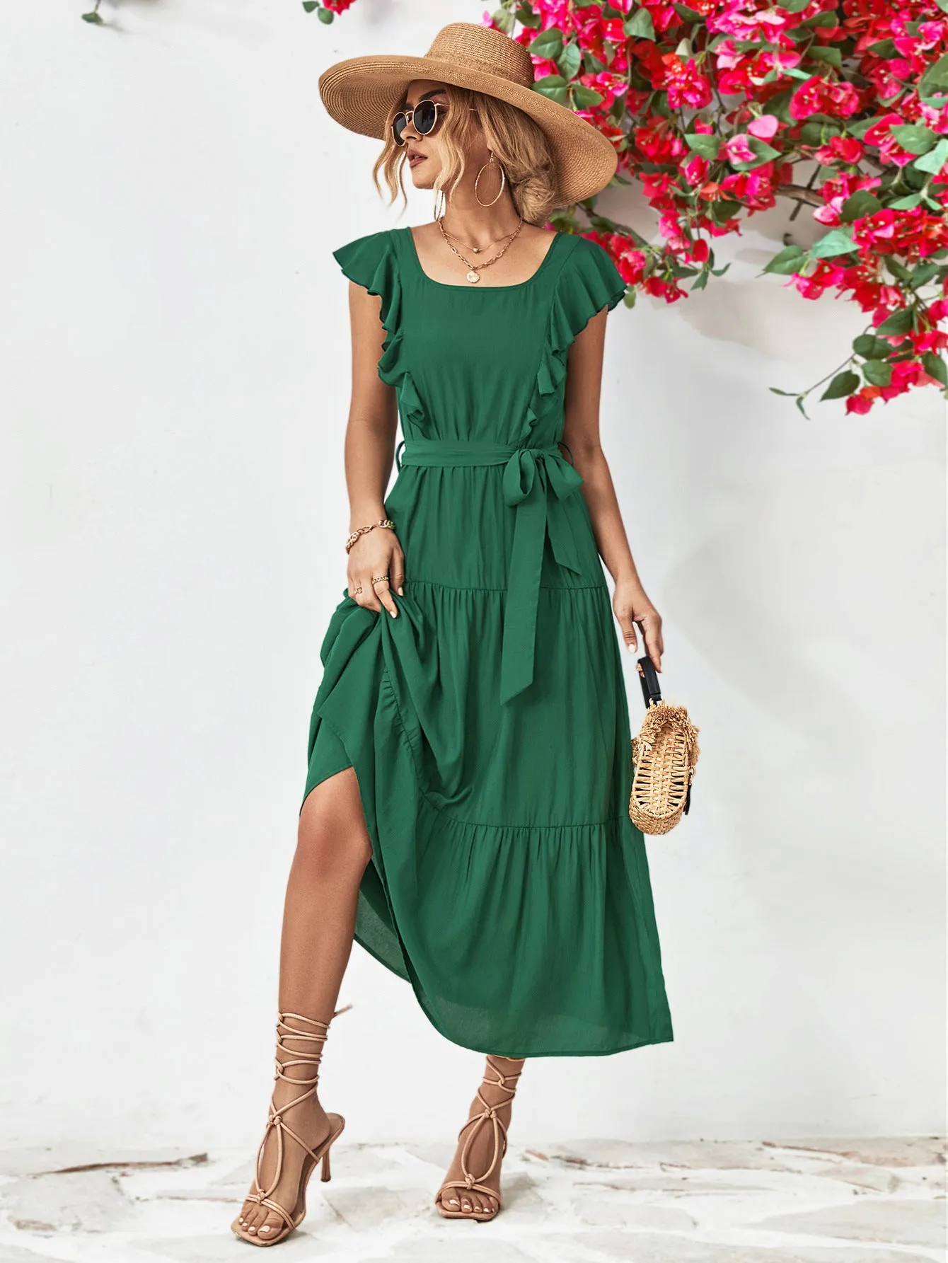 Tie Belt Ruffled Tiered Dress - 2 colors