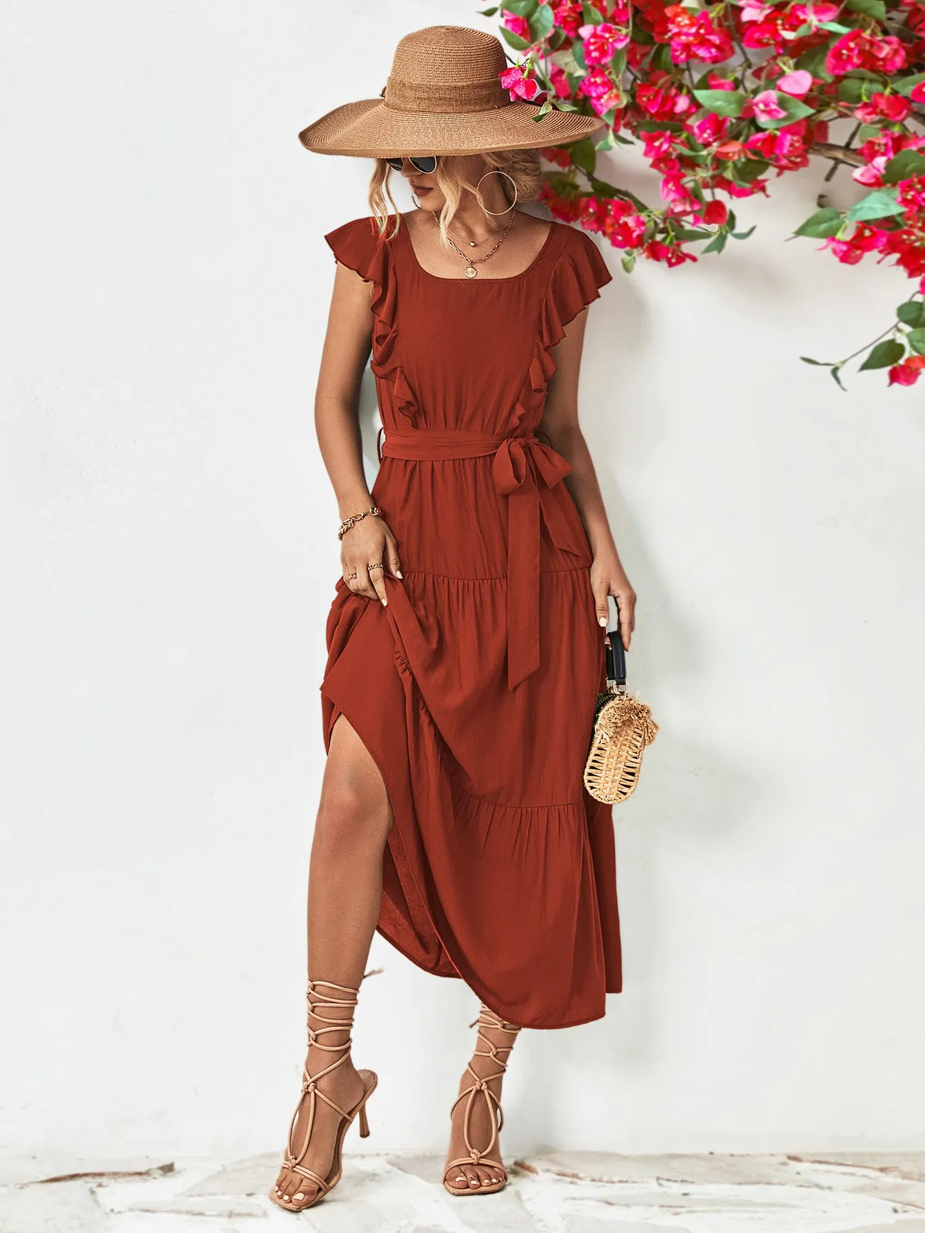 Tie Belt Ruffled Tiered Dress - 2 colors