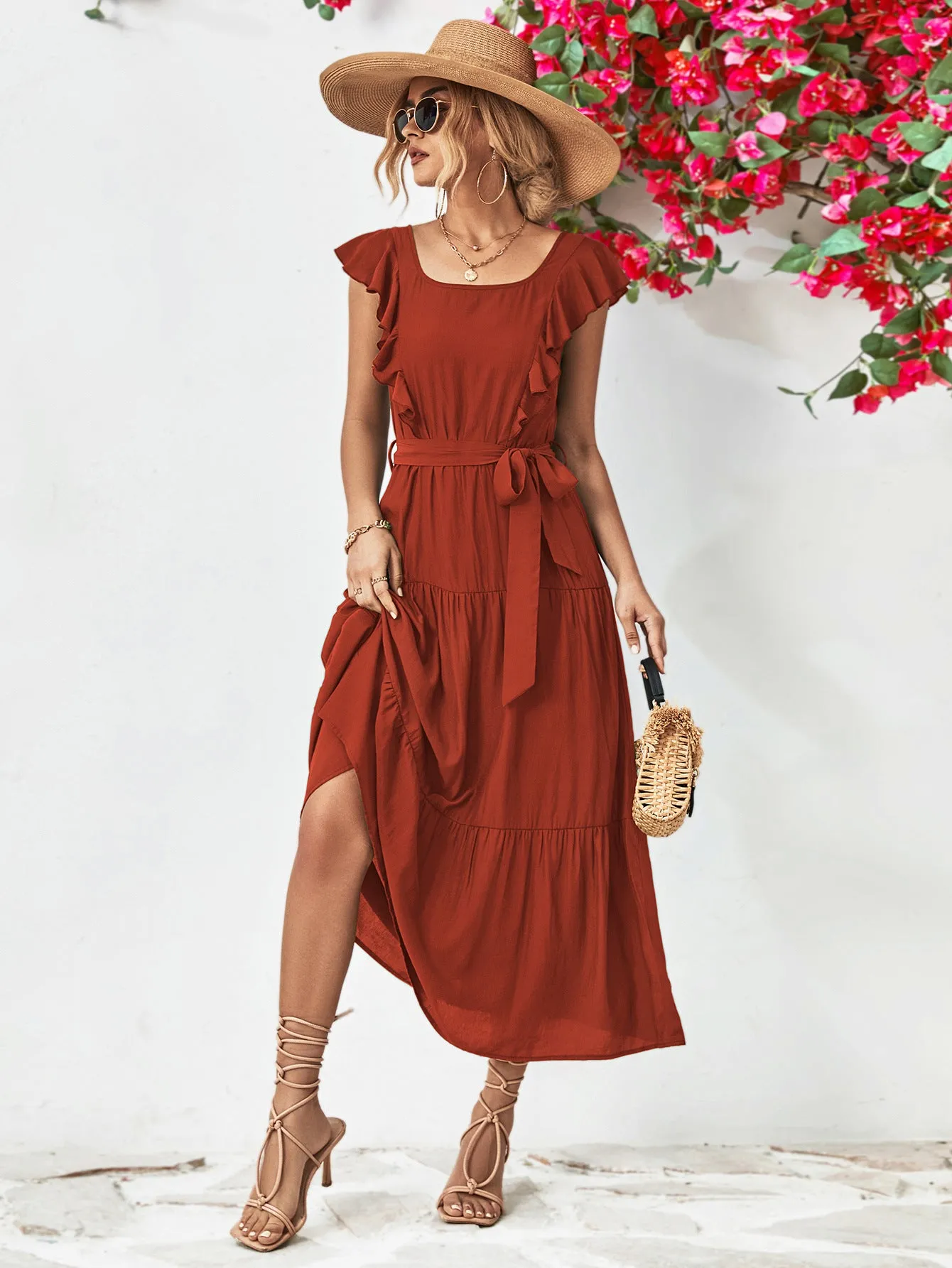 Tie Belt Ruffled Tiered Dress - 2 colors