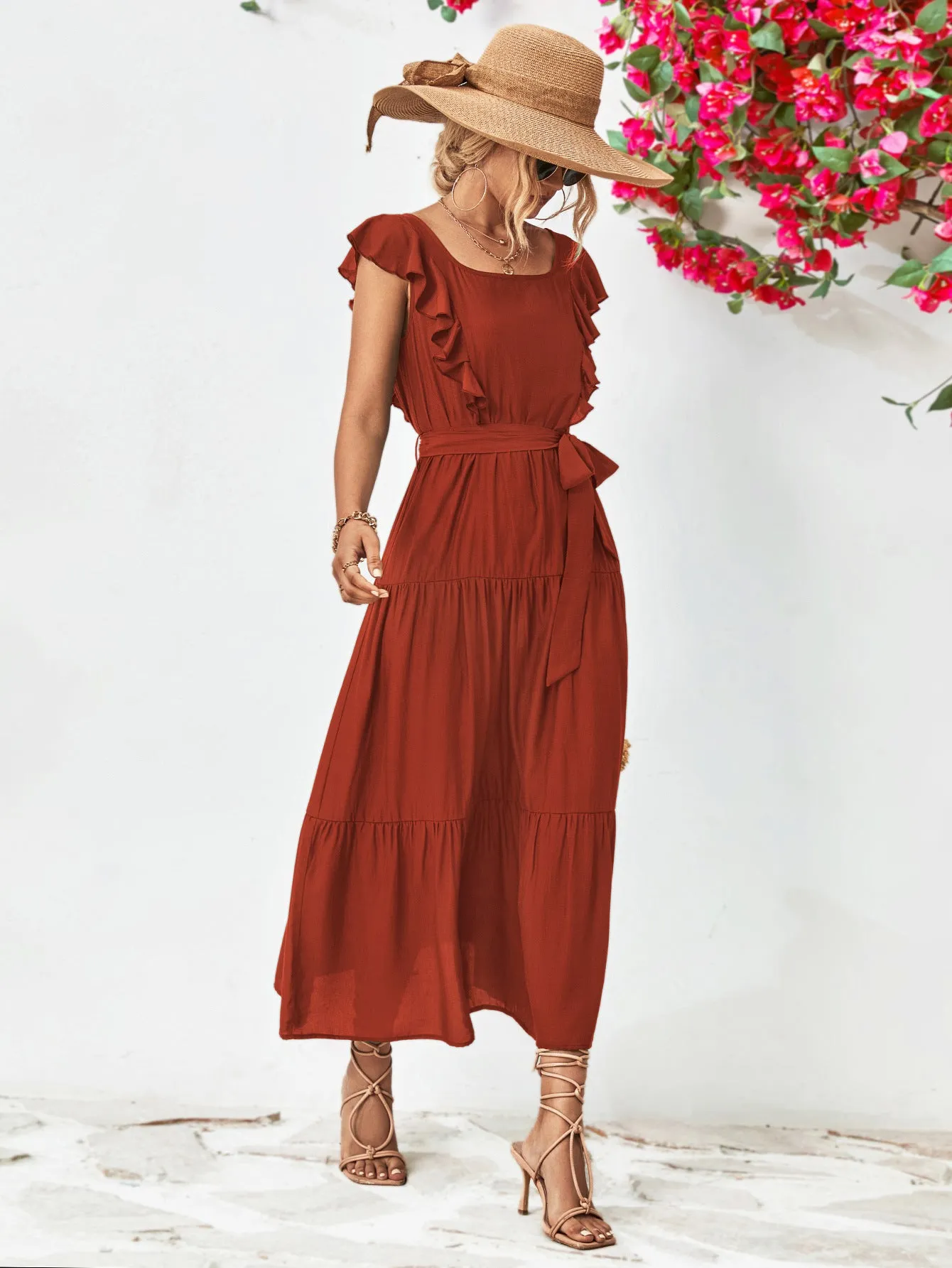 Tie Belt Ruffled Tiered Dress - 2 colors