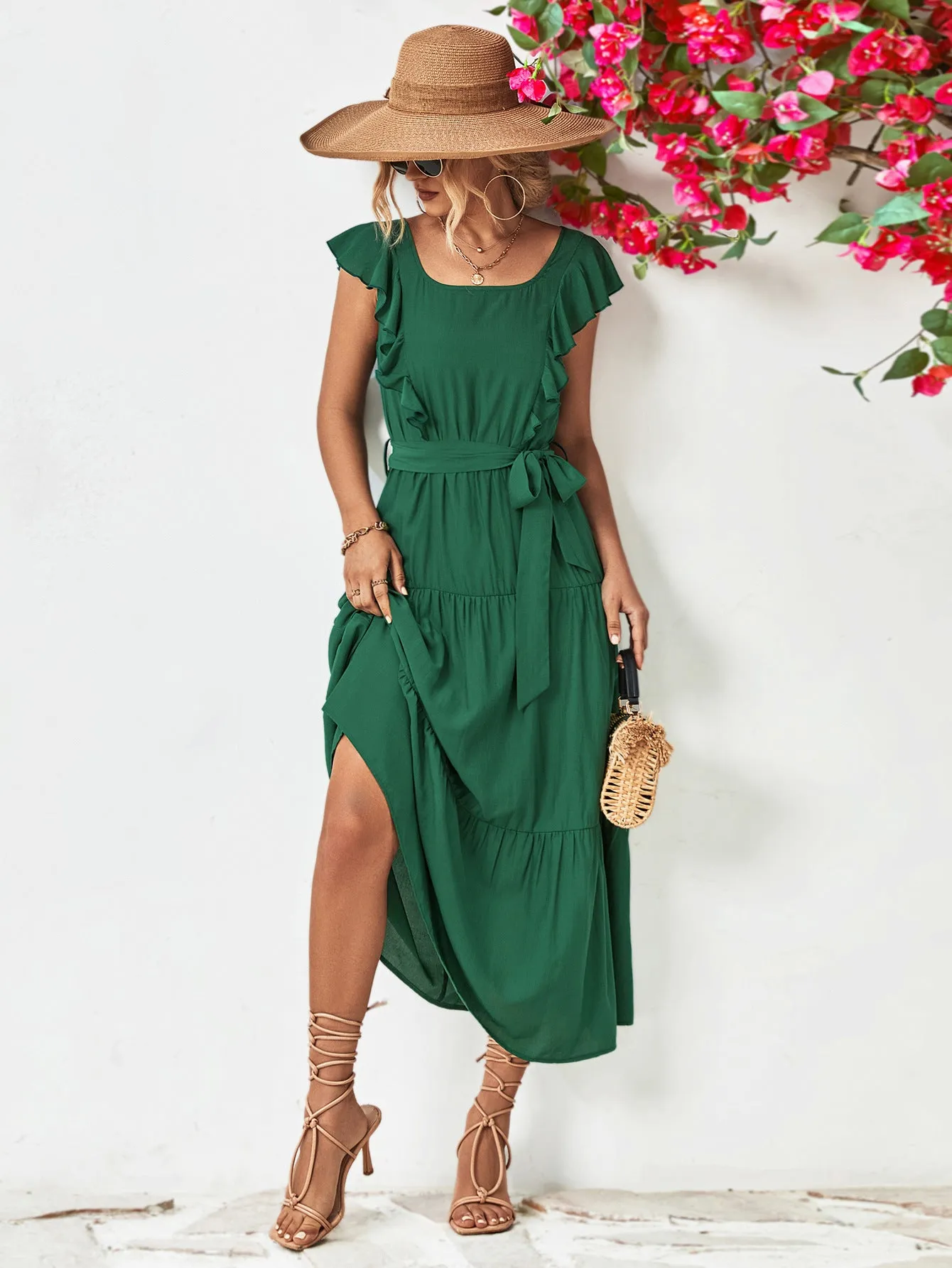 Tie Belt Ruffled Tiered Dress - 2 colors