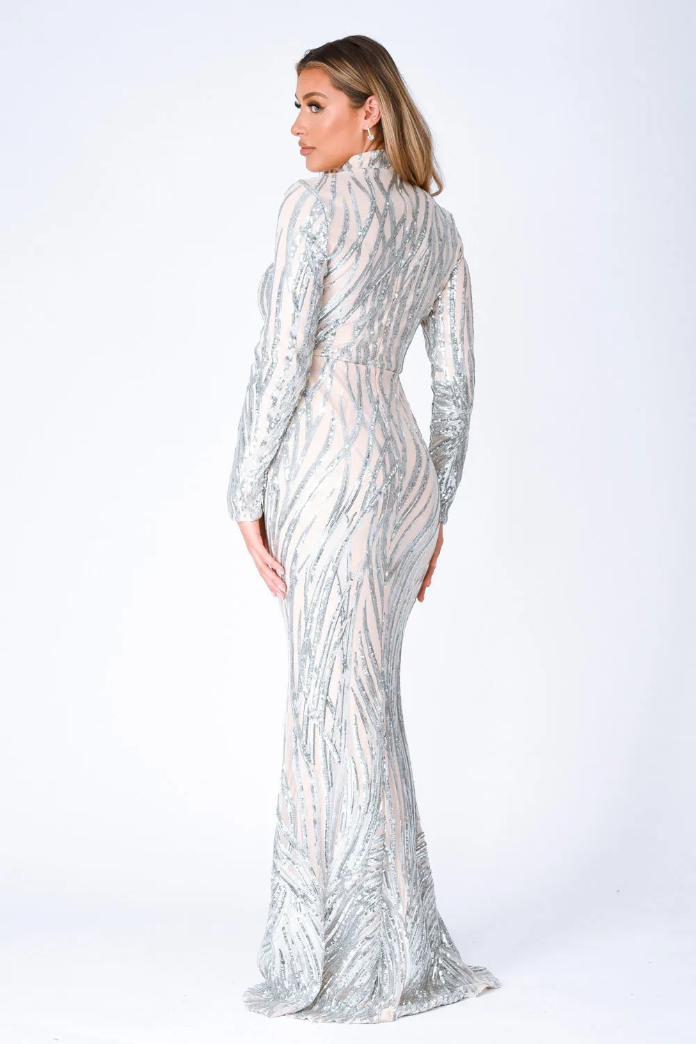 Trinity Luxe Silver Sequin Tree Effect Illusion Maxi Dress