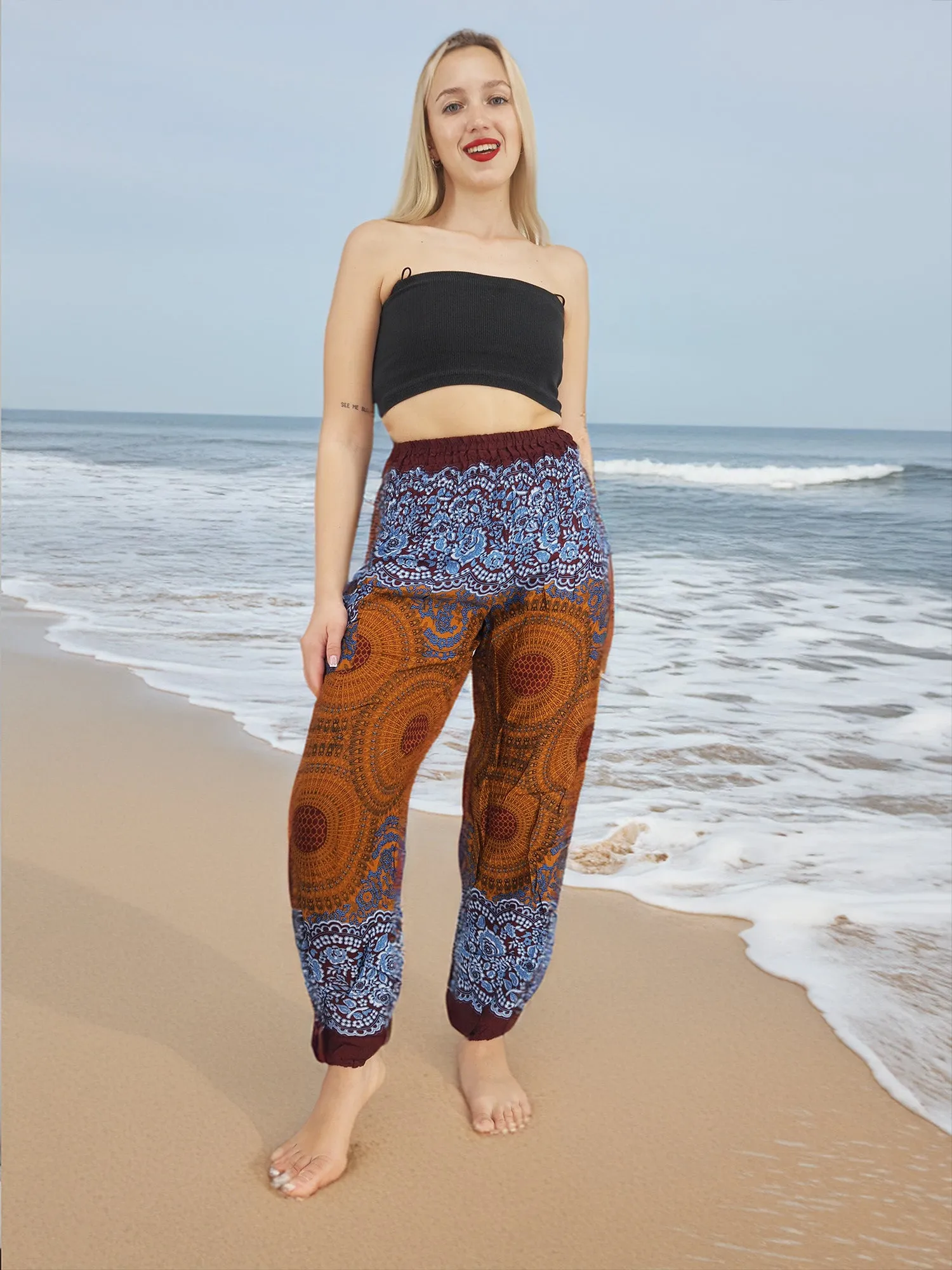 Unisex Harem Yoga Hippie Boho Pants in Copper And Blue With Mandala Print M-L-XL