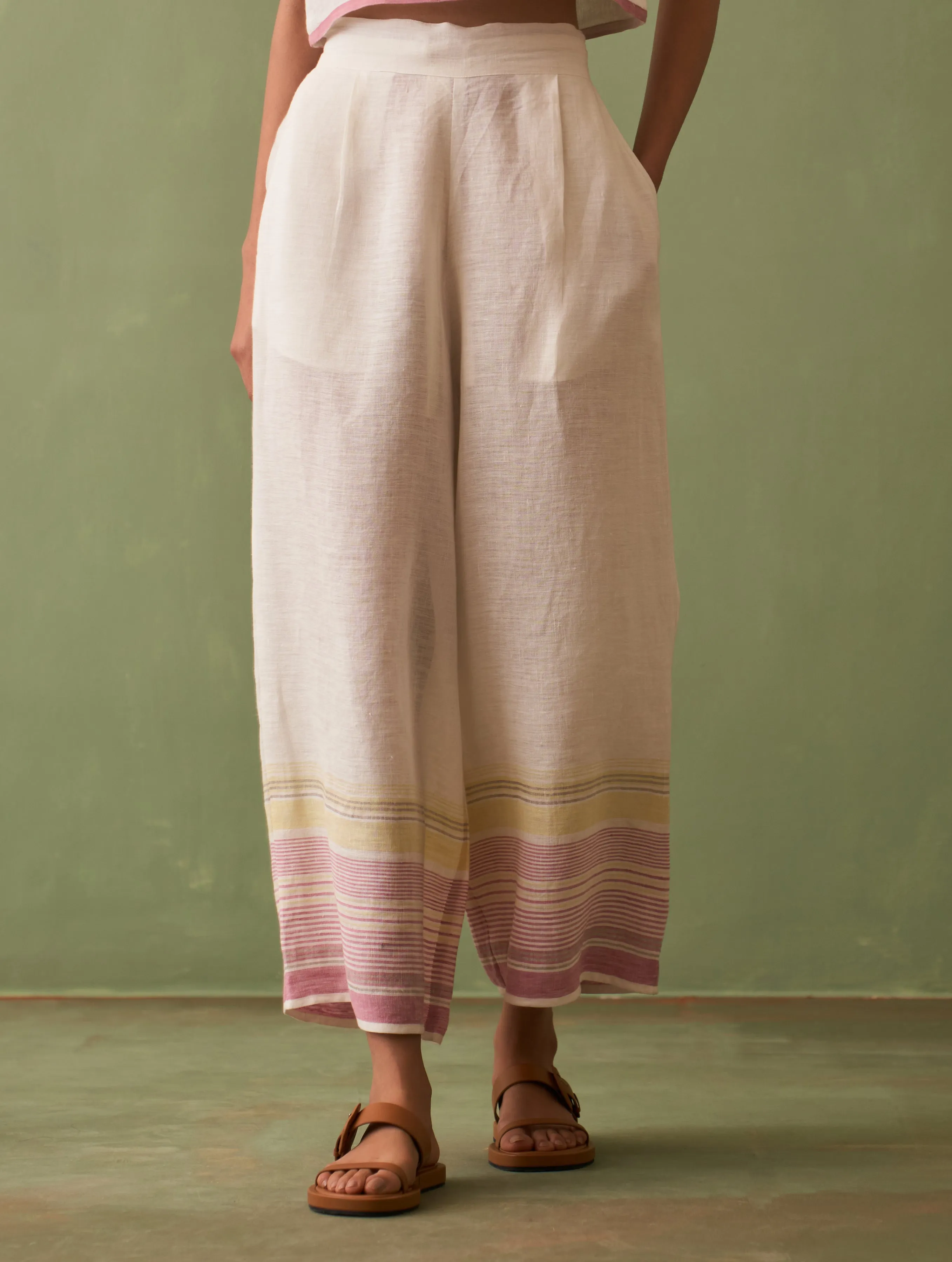 Vana Border Linen Pant - Ivory