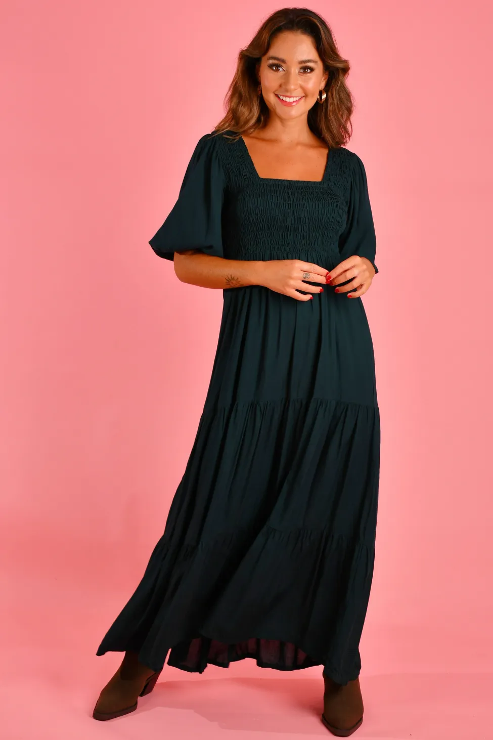 VGLD145 - MONTAUK 3/4 SLEEVE MAXI DRESS - FOREST