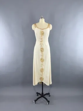 Vintage 1930s Beaded Dress / Gold & Ivory Evening Gown