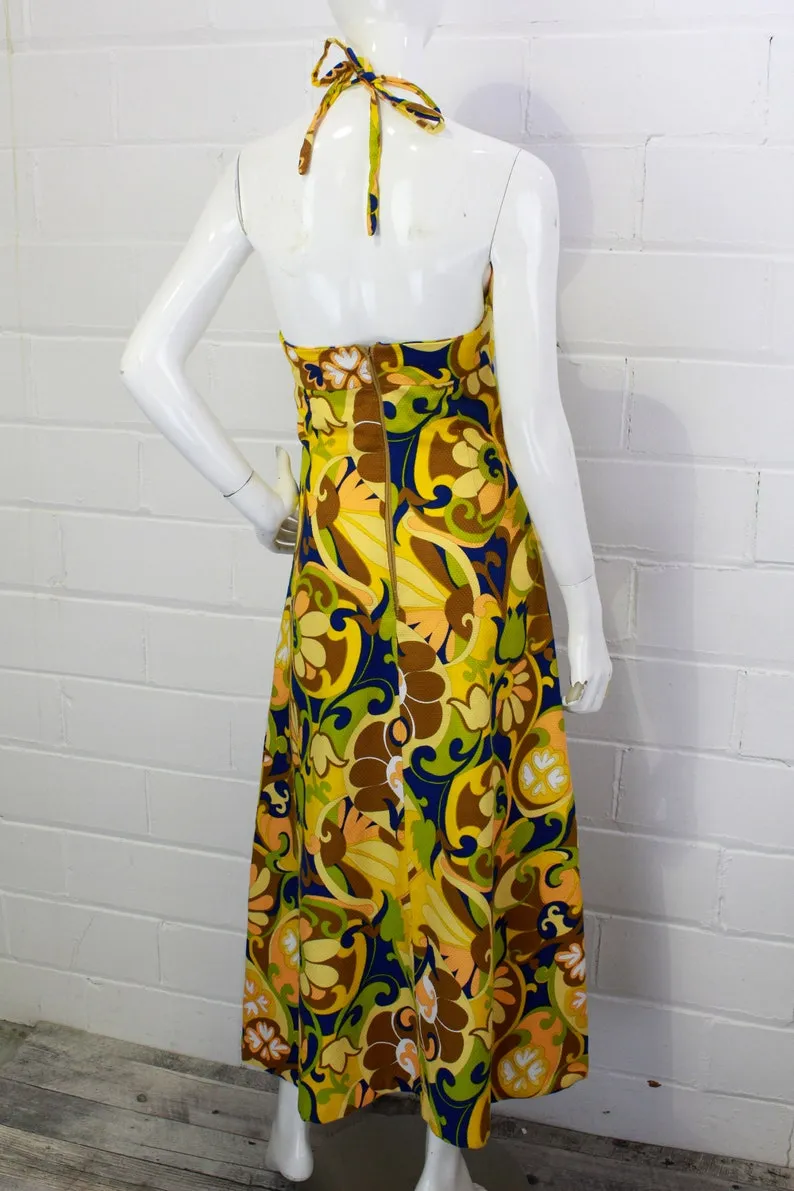 Vintage 1970s Floral Halter Dress, Blue and Green Flower Print, XS