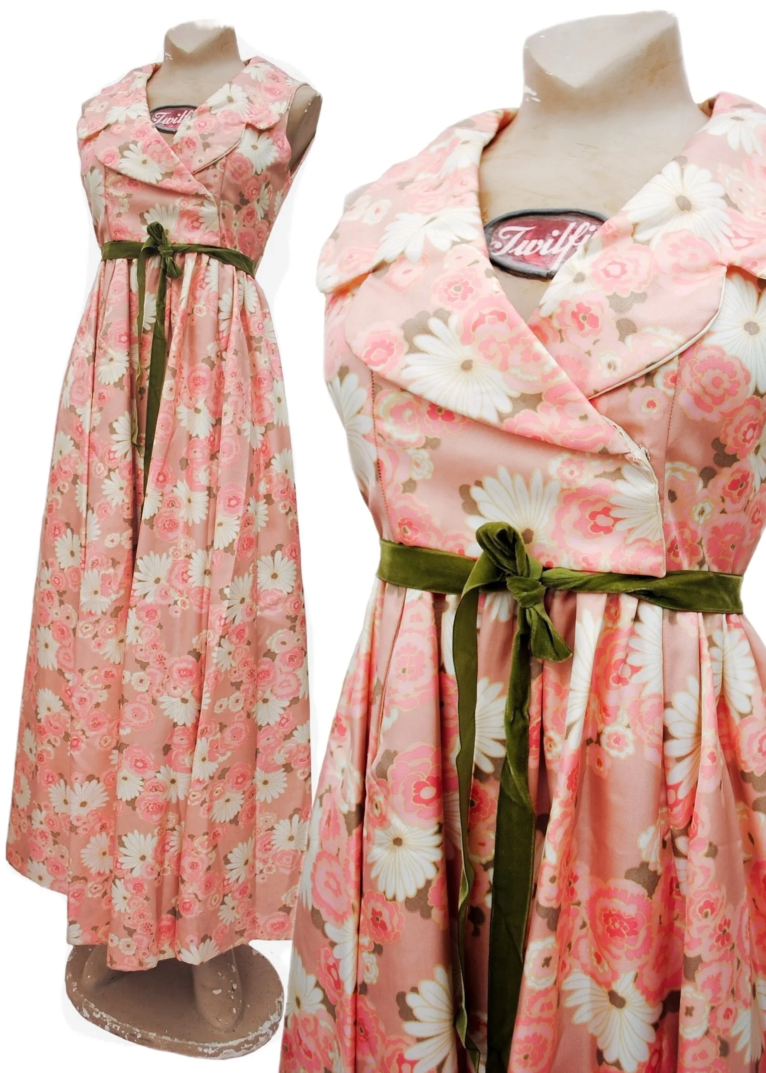 Vintage 60s Pink Floral Empire Line Maxi Gown • Bridgerton Regency Style