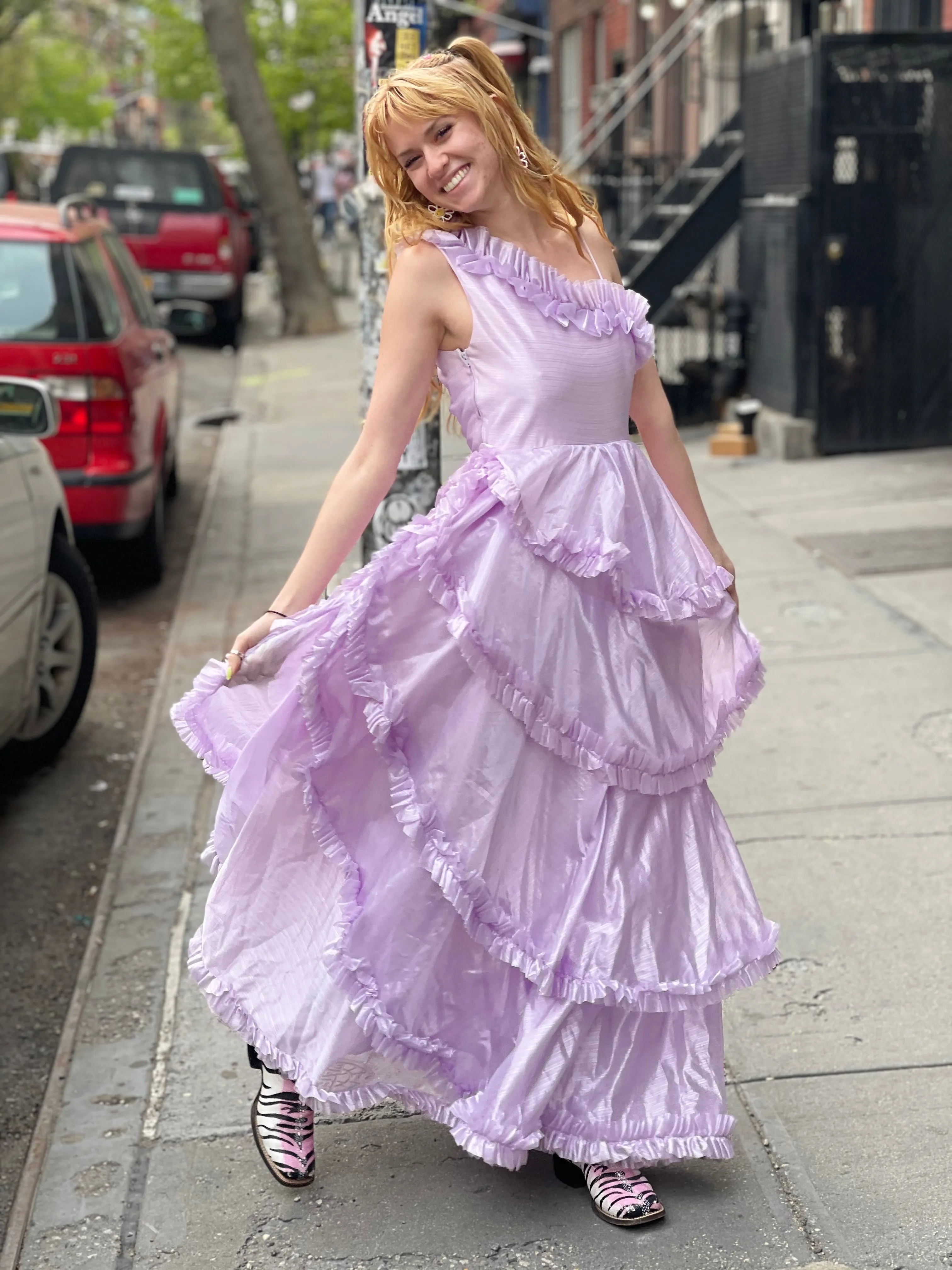 Vintage 80s Pastel Lavender Ruffle Party Dress