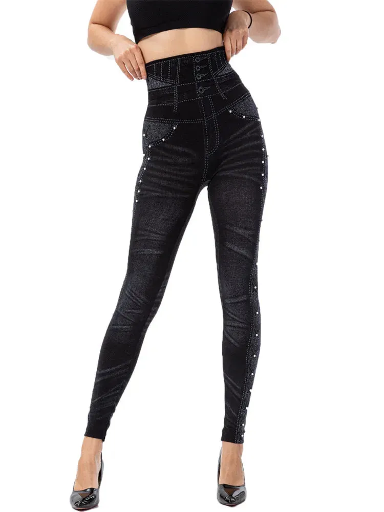 VISNXGI Seamless Slim Women Faux Denim Jeans Leggings Fitness Workout Pocket Printing Summer Casual Pencil Pants Sports Jeggings