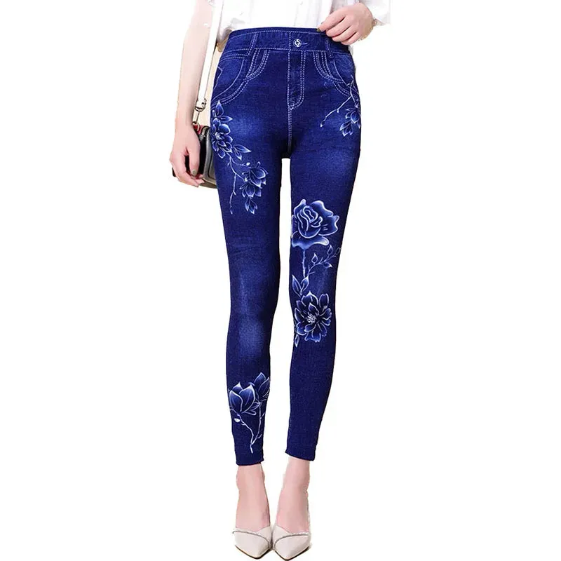 VISNXGI Seamless Slim Women Faux Denim Jeans Leggings Fitness Workout Pocket Printing Summer Casual Pencil Pants Sports Jeggings