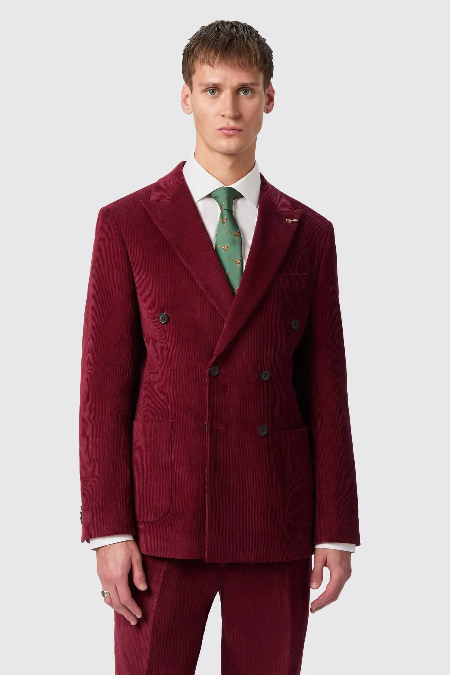 Waugh Slim Fit Burgundy Corduroy Double Breasted Suit