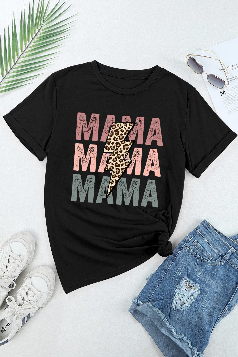 Women Black Leopard Lightning MAMA Letter Print Graphic Tee