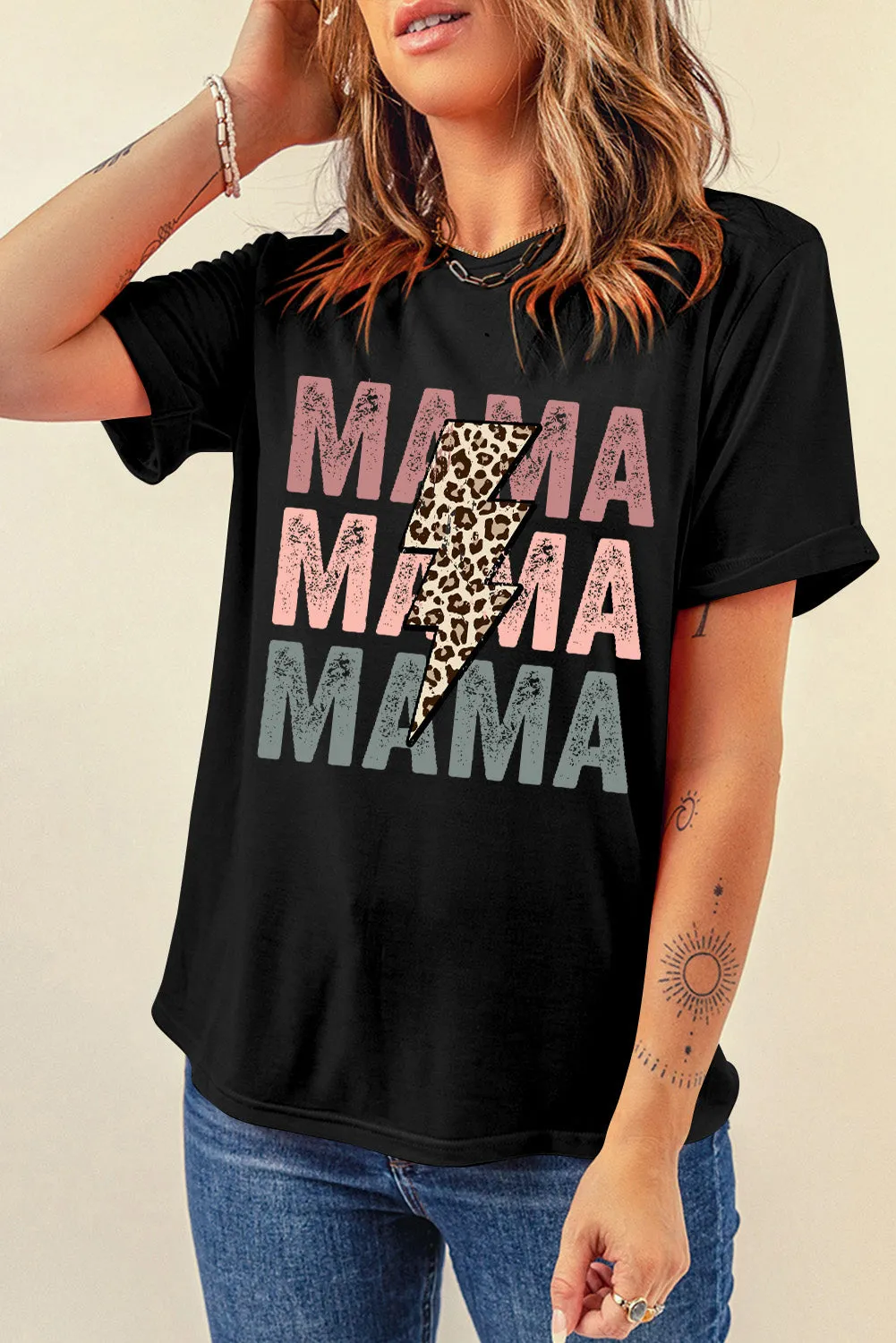 Women Black Leopard Lightning MAMA Letter Print Graphic Tee