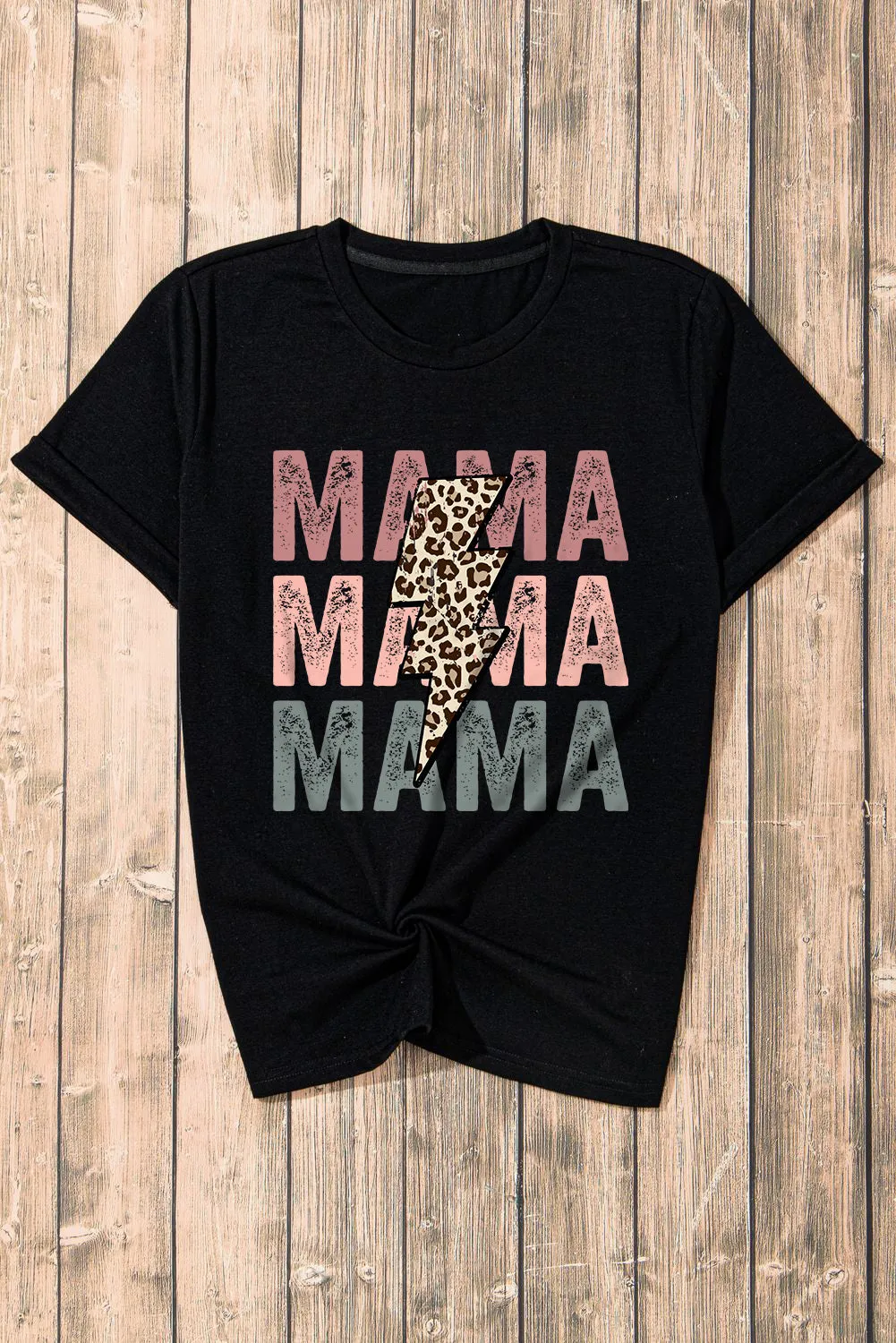 Women Black Leopard Lightning MAMA Letter Print Graphic Tee