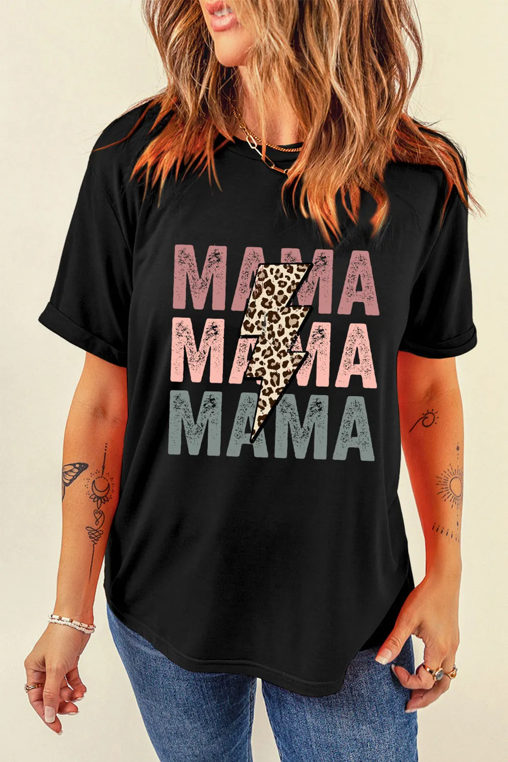 Women Black Leopard Lightning MAMA Letter Print Graphic Tee