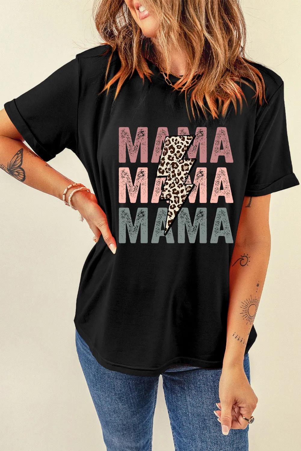 Women Black Leopard Lightning MAMA Letter Print Graphic Tee