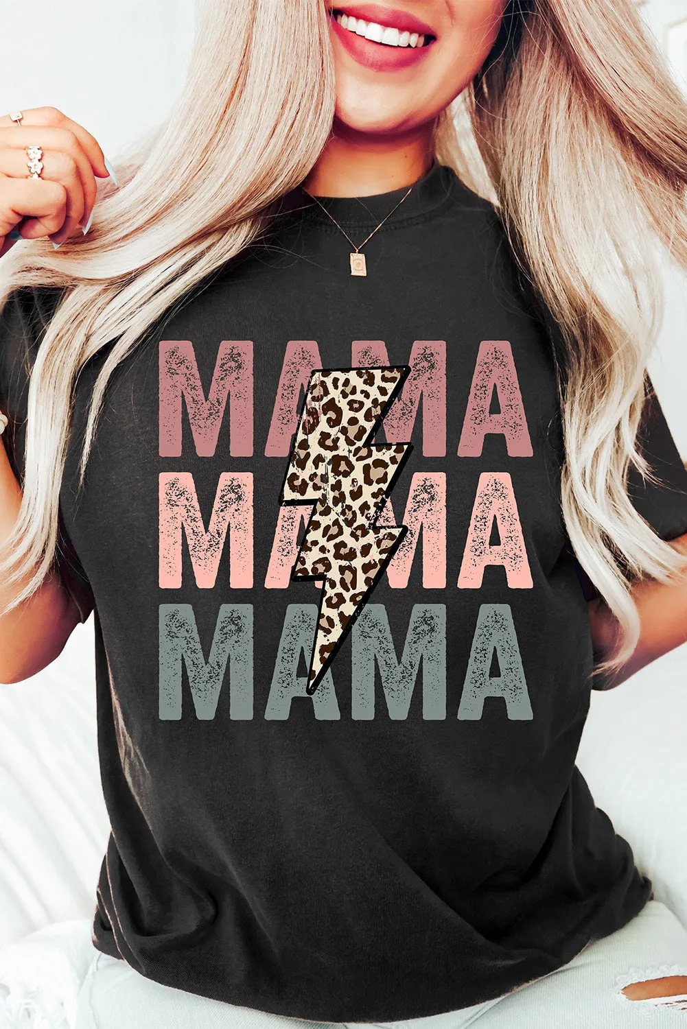 Women Black Leopard Lightning MAMA Letter Print Graphic Tee