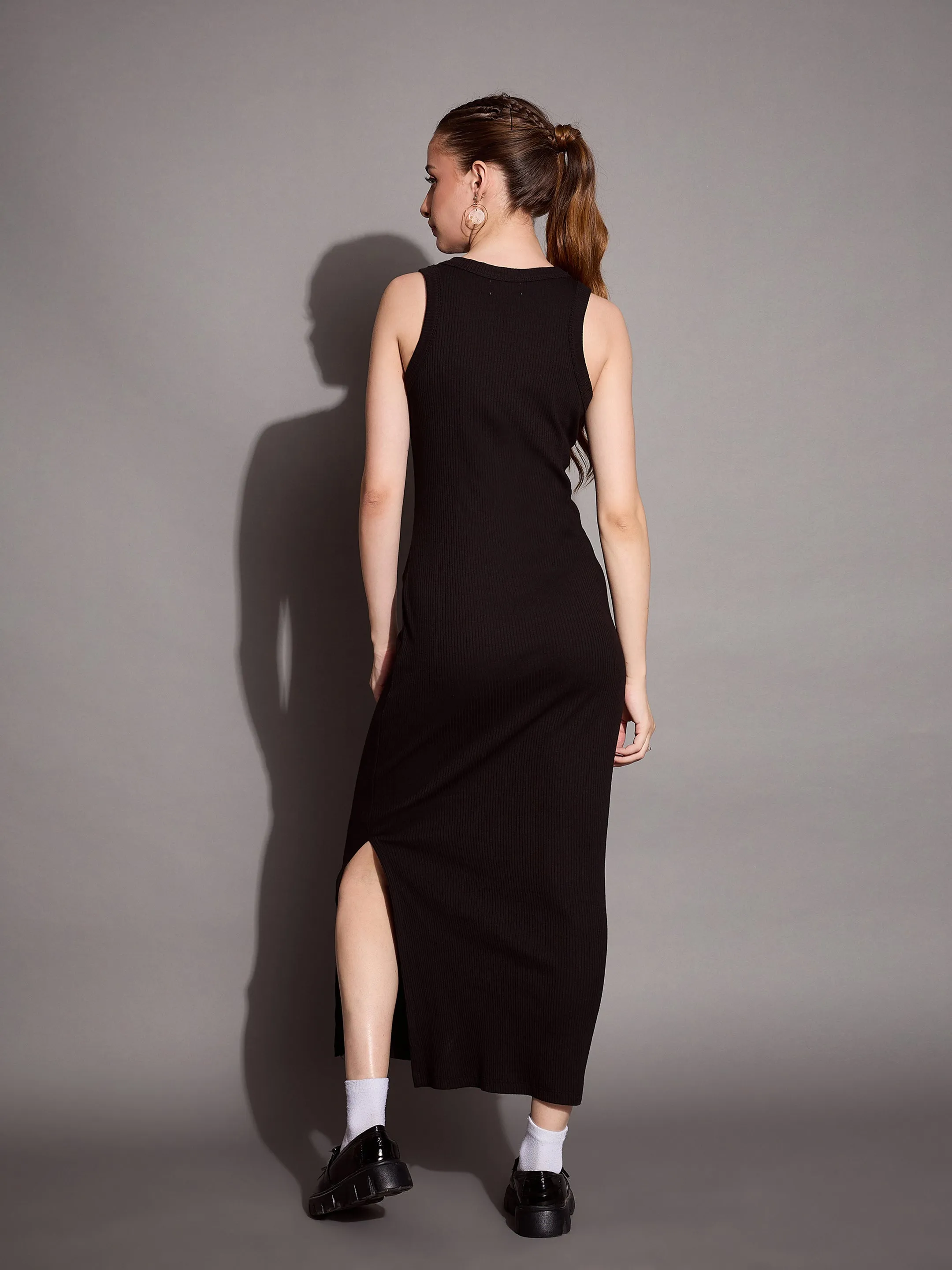 Women Black Ribbed Sleeveless Bodycon Maxi Dress