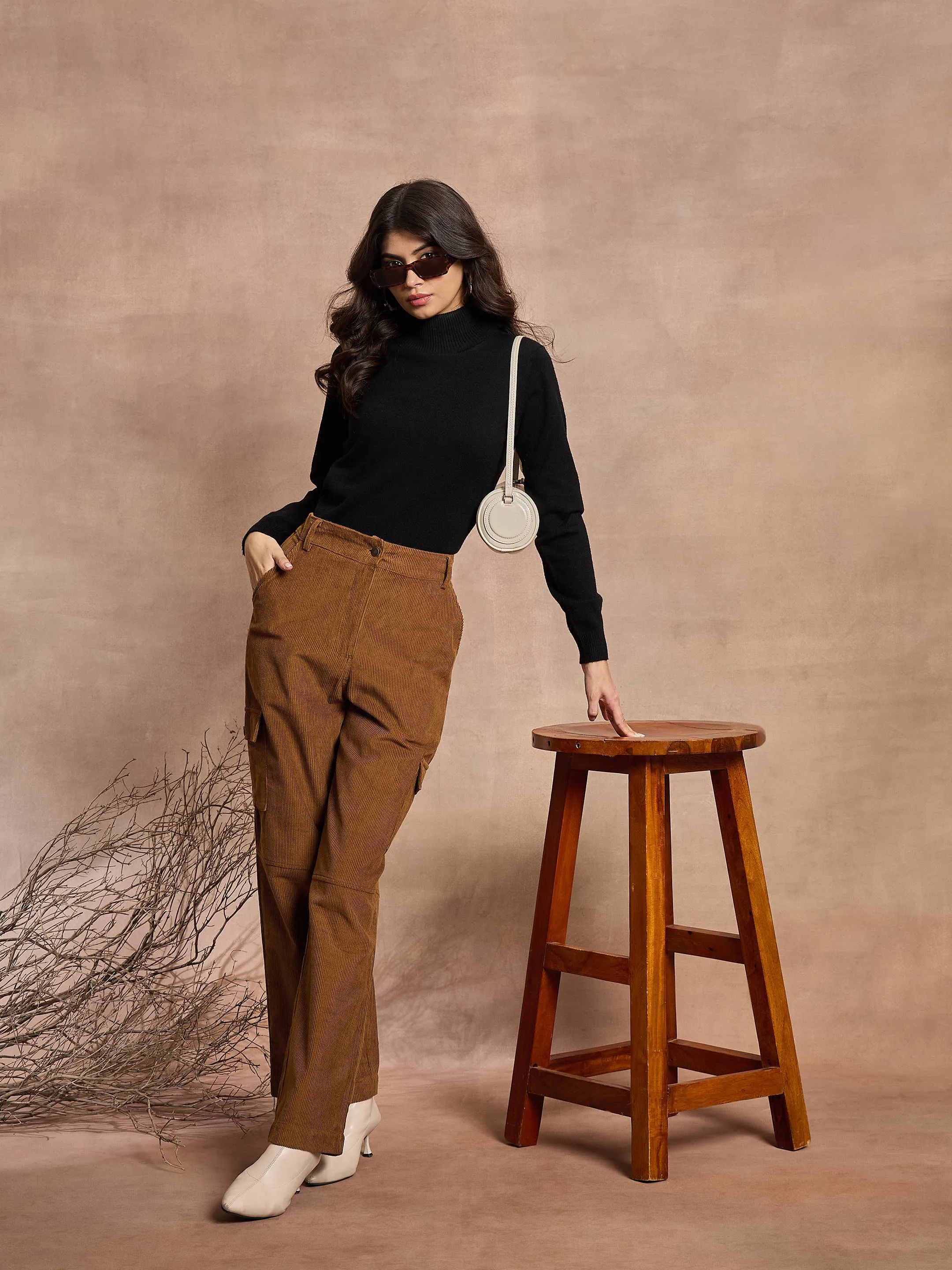 Women Brown Corduroy Straight Fit Cargo Pants