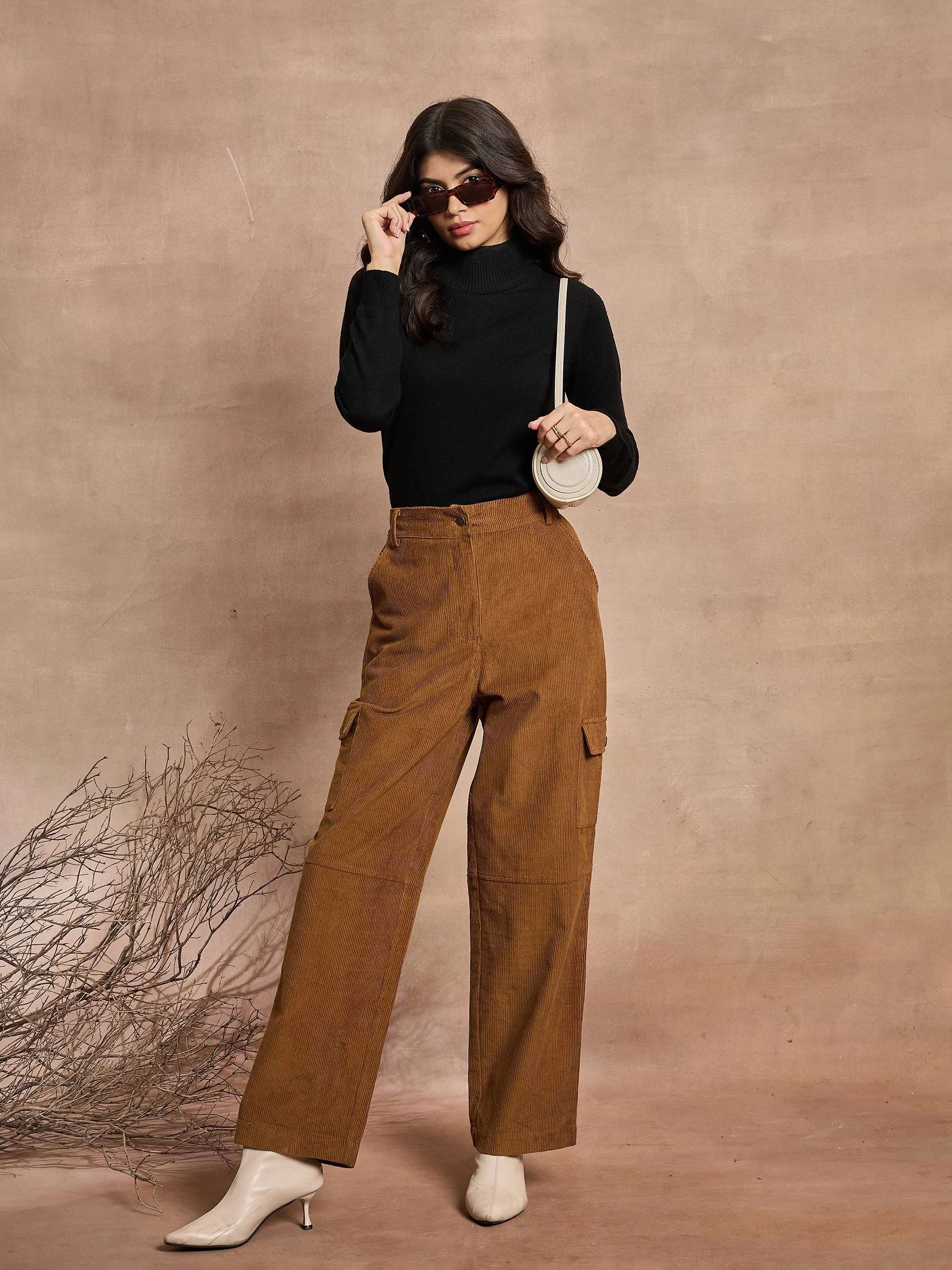 Women Brown Corduroy Straight Fit Cargo Pants